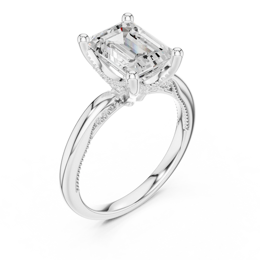 Front view of white gold emerald cut solitaire ring with hidden halo and domed band and lab-created diamond