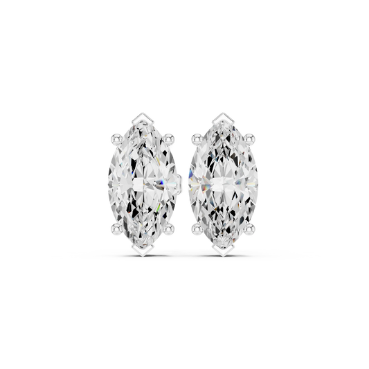 Pair of marquise-shaped diamond earrings on a white background in white gold
