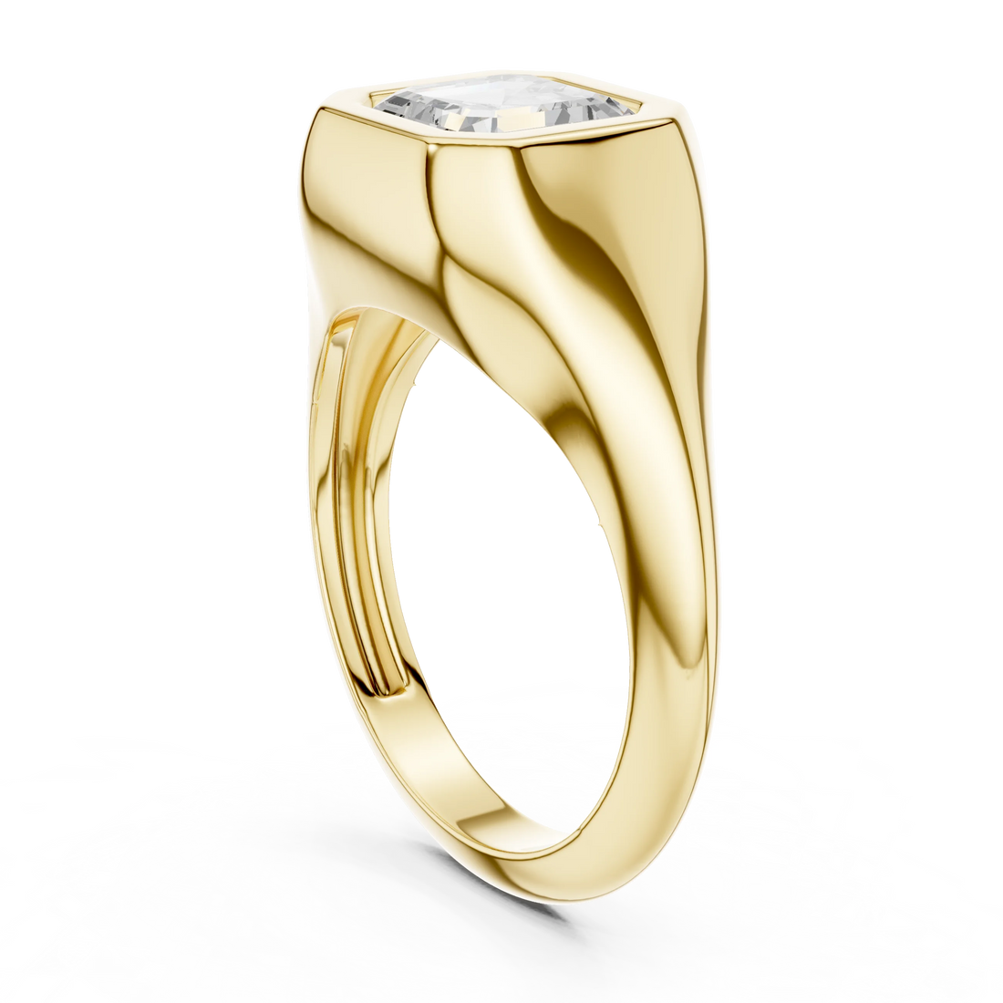 Back side view of yellow gold asscher bezel set signet style ring with lab-grown diamond – Australia