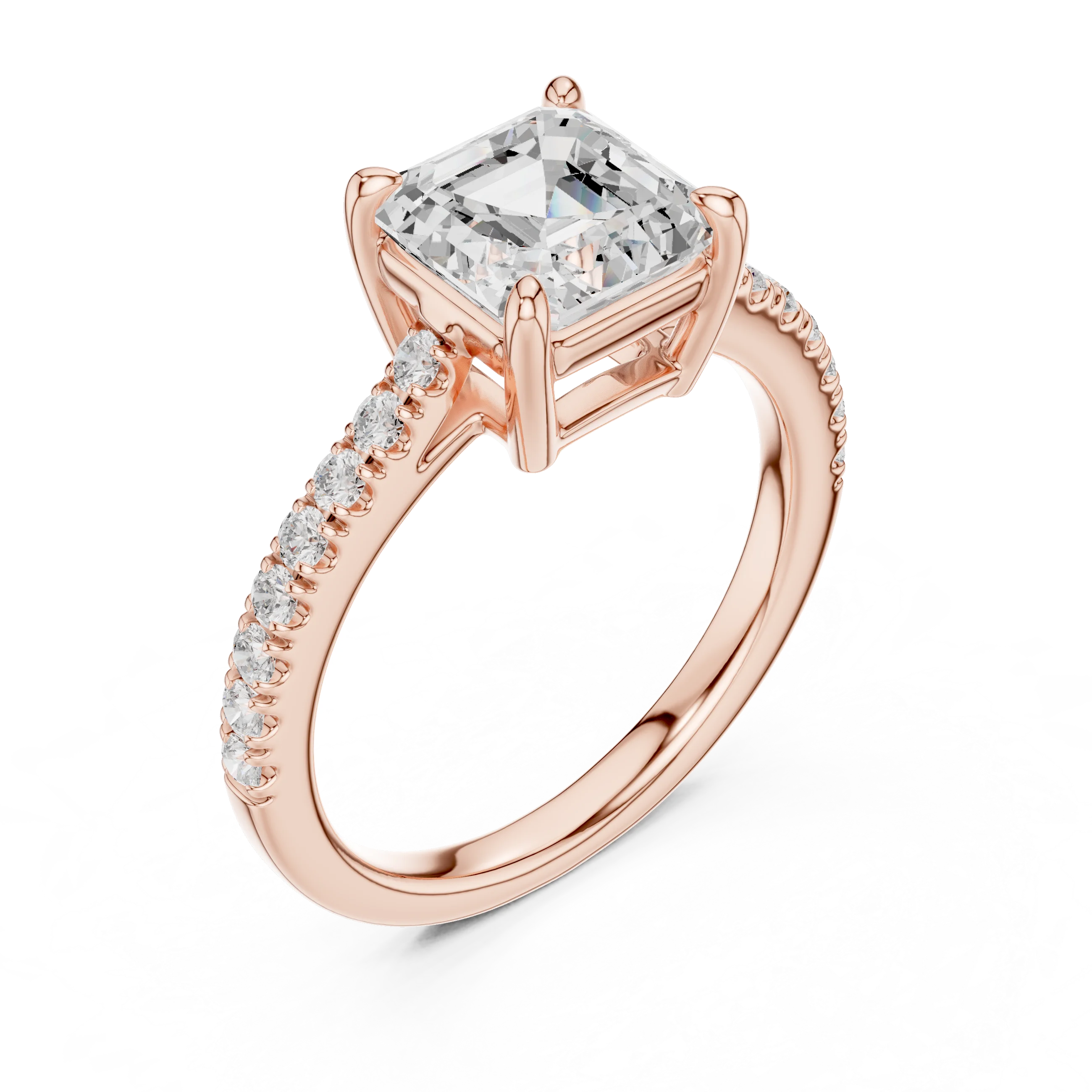 Front view of rose gold Asscher diamond ring with pave band, showcasing brilliance