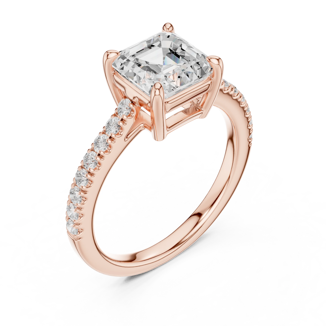 Front view of rose gold Asscher diamond ring with pave band, showcasing brilliance