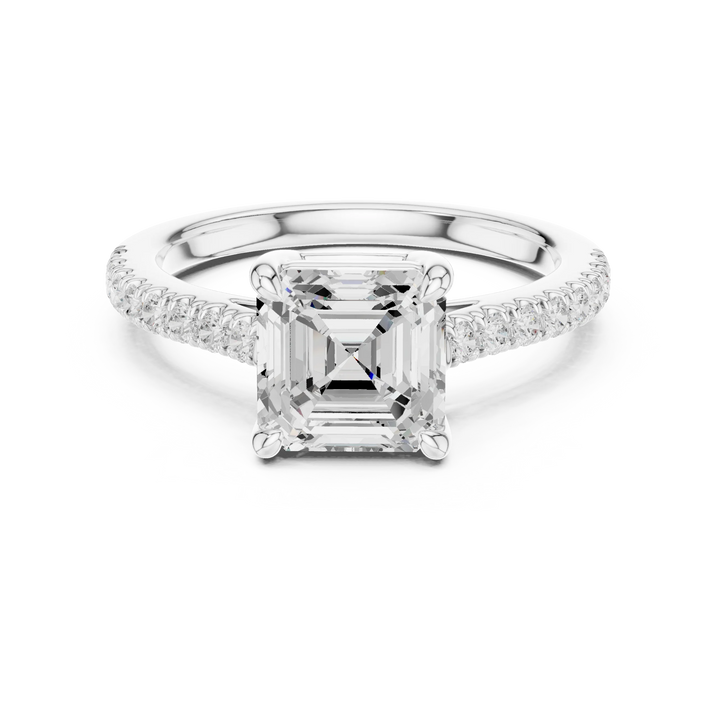 Lab-grown Asscher cut diamond pave band ring in white gold, elegant top view.