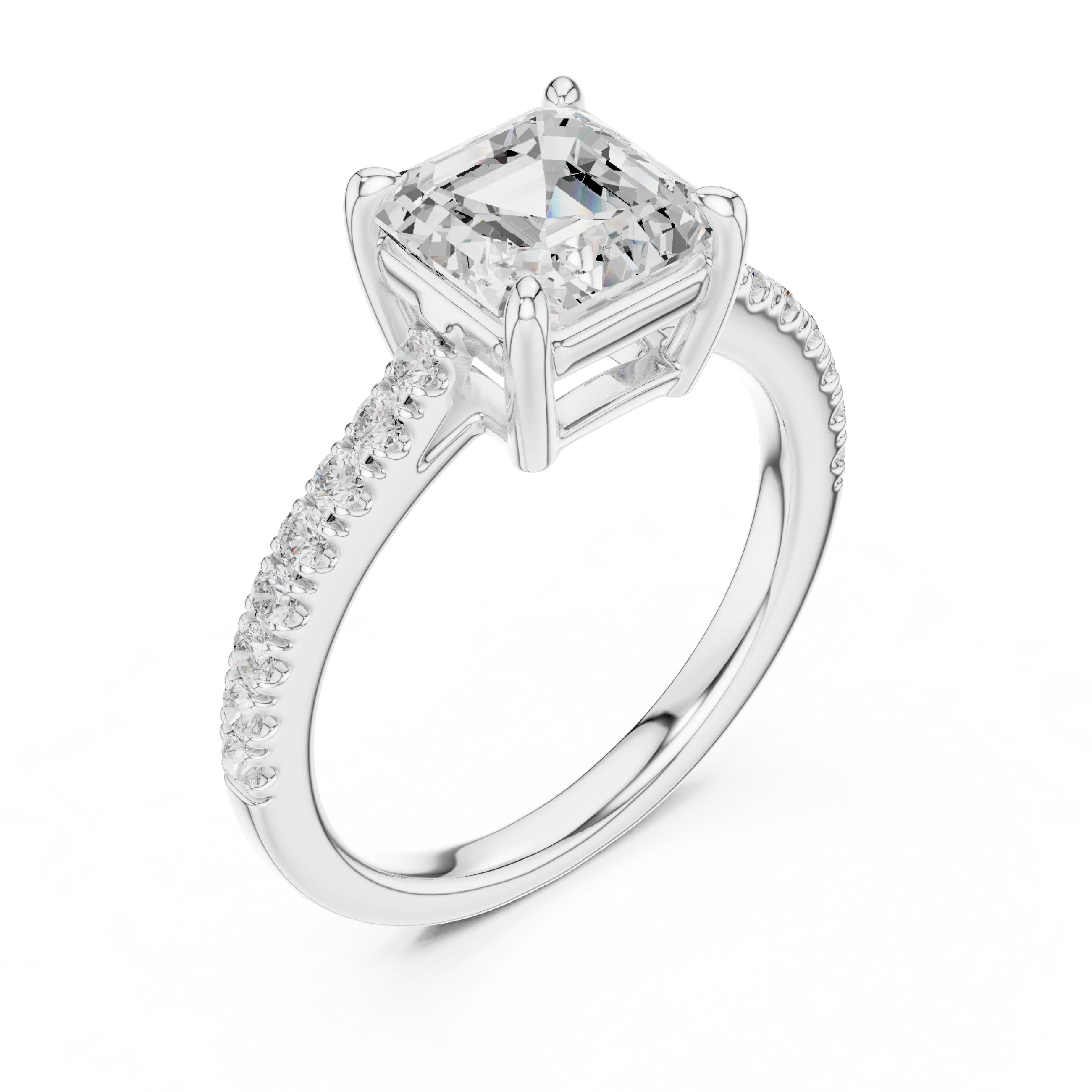 Front view of white gold Asscher cut diamond ring with pave band, showcasing center stone.