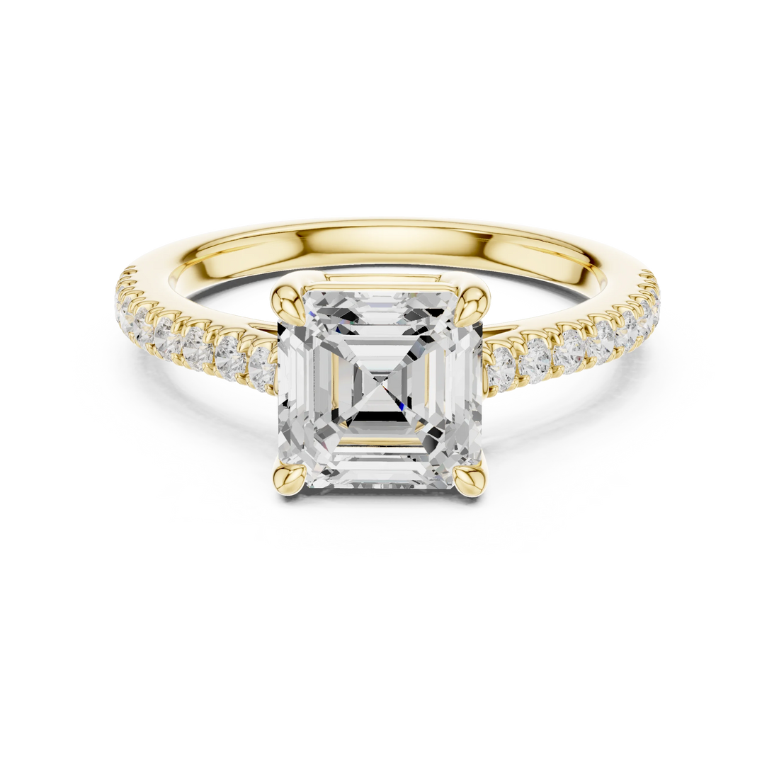 Lab-grown Asscher cut diamond pave band ring in yellow gold, classic top view.