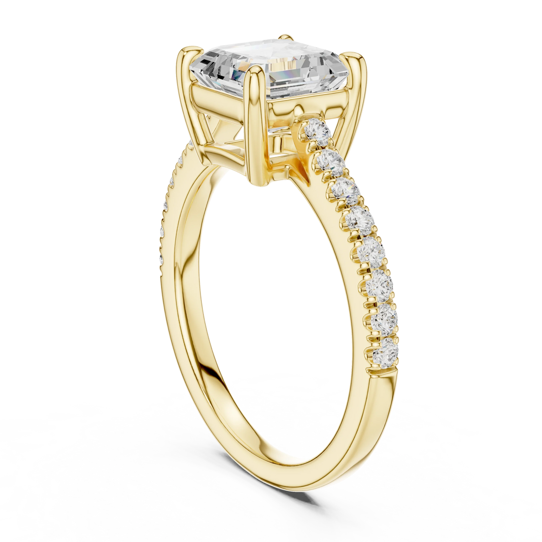 Back side view of yellow gold Asscher diamond pave band ring, showing band structure