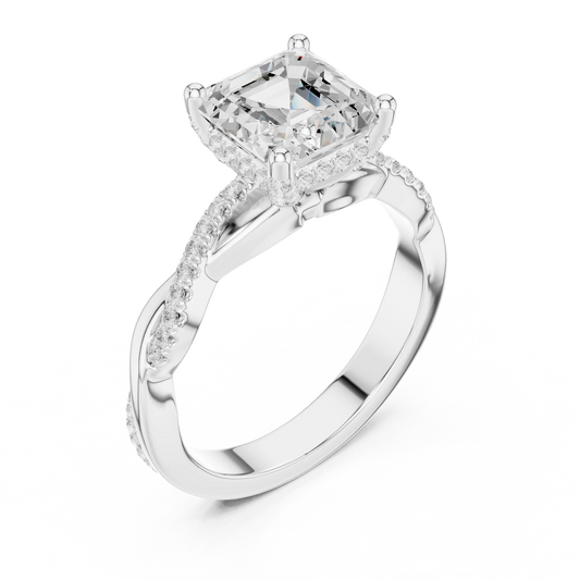 Front view of white gold Asscher diamond ring with twisted vine pave band and lab-grown diamond – Australia