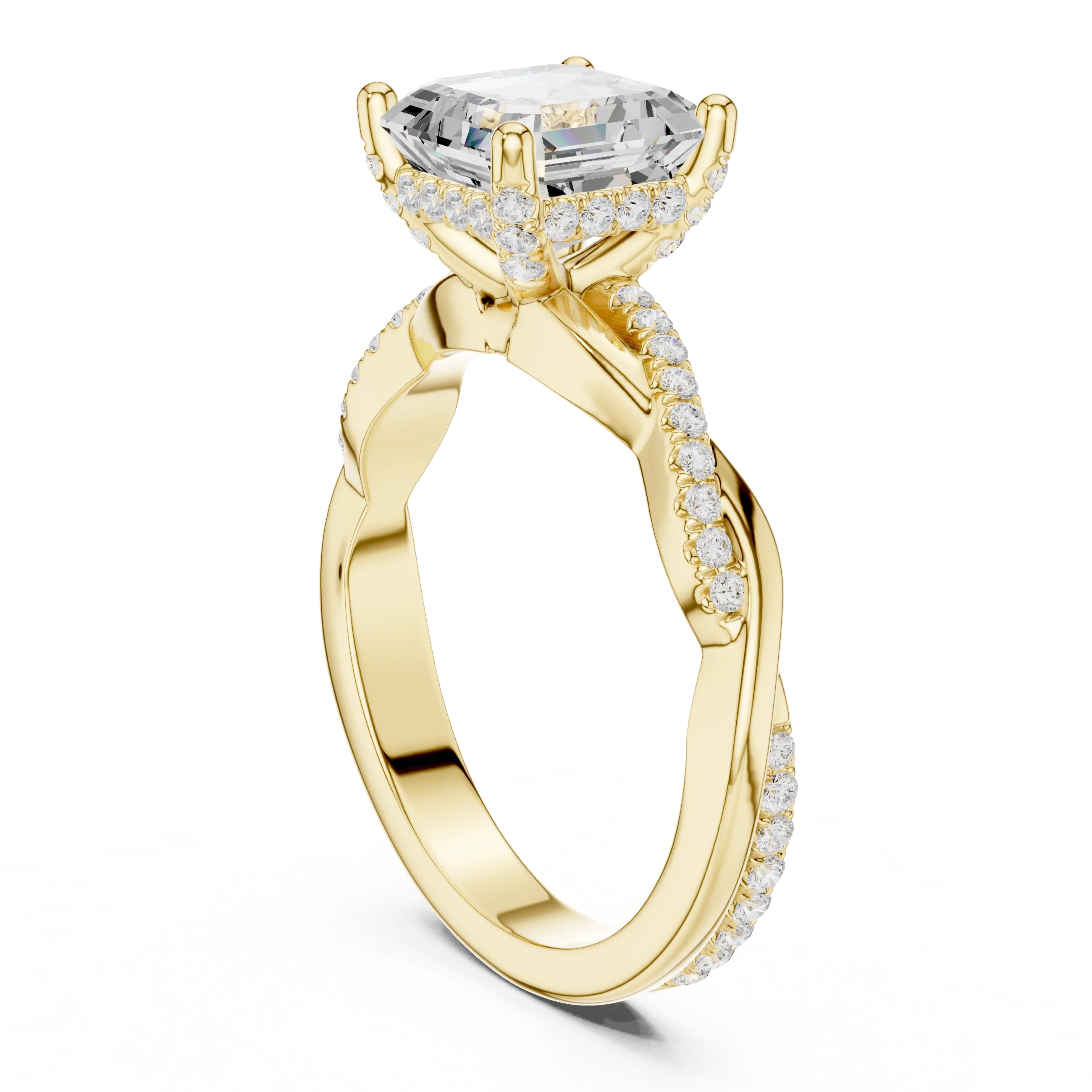 Back view of yellow gold Asscher diamond ring with twisted vine pave band and lab-grown diamond – Australia