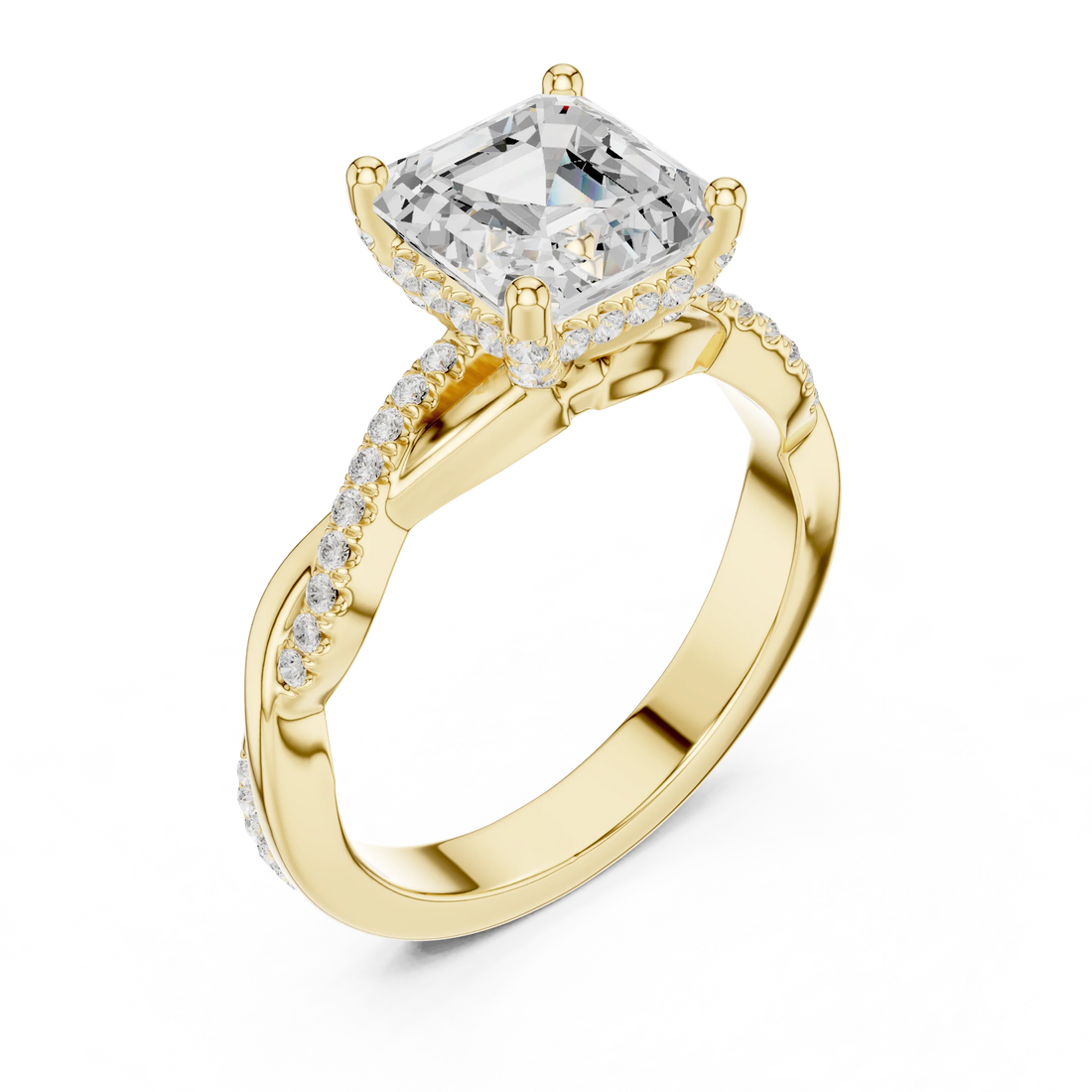 Front view of yellow gold Asscher diamond ring with twisted vine pave band and lab-grown diamond – Australia