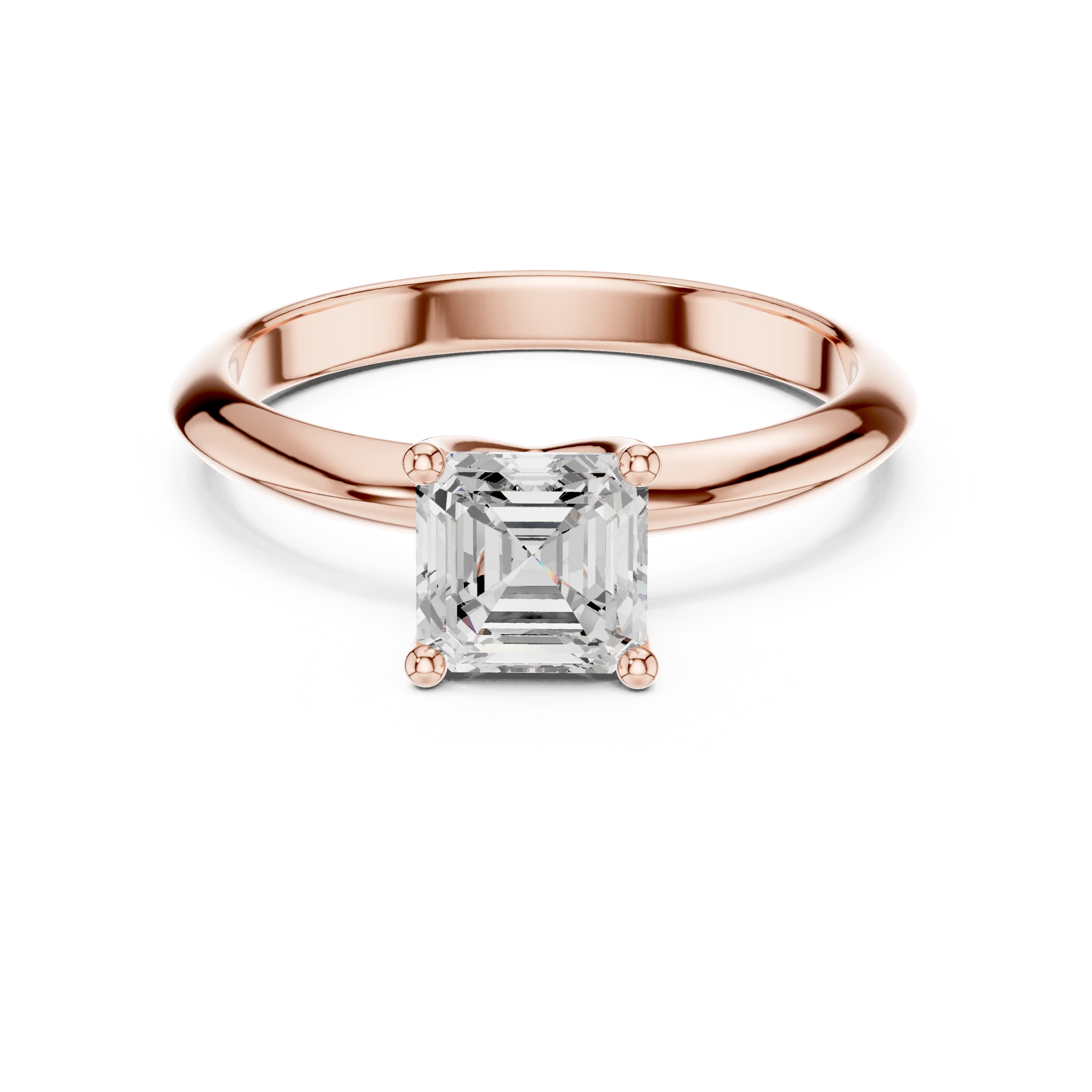 Lab-grown Asscher cut diamond solitaire ring in rose gold, soft tone top view.