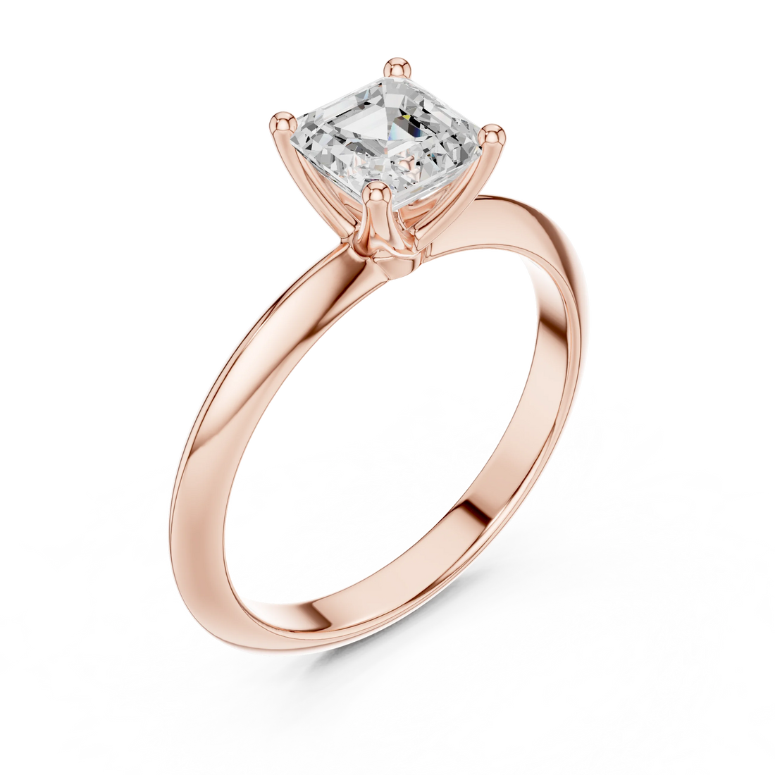Front view of rose gold Asscher cut diamond solitaire ring, showcasing gemstone brilliance.