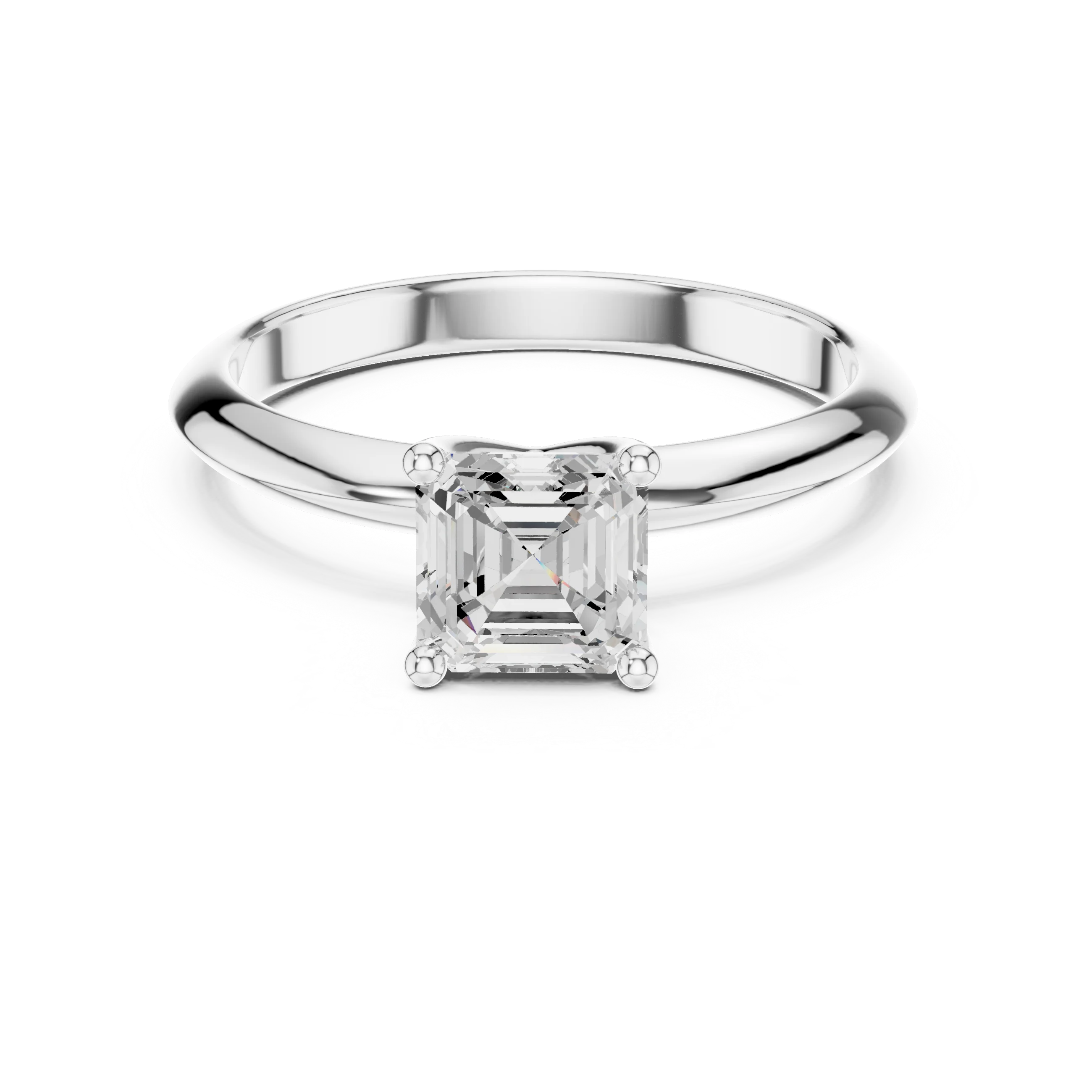 Lab-grown Asscher cut diamond solitaire ring in white gold, elegant top view.