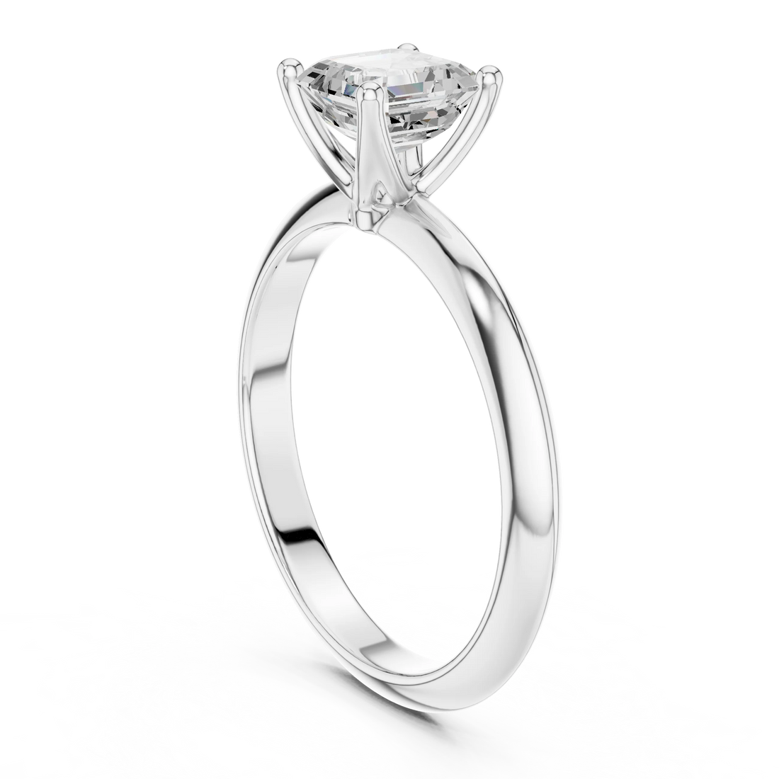 Back side view of white gold Asscher diamond solitaire ring, showing band and setting