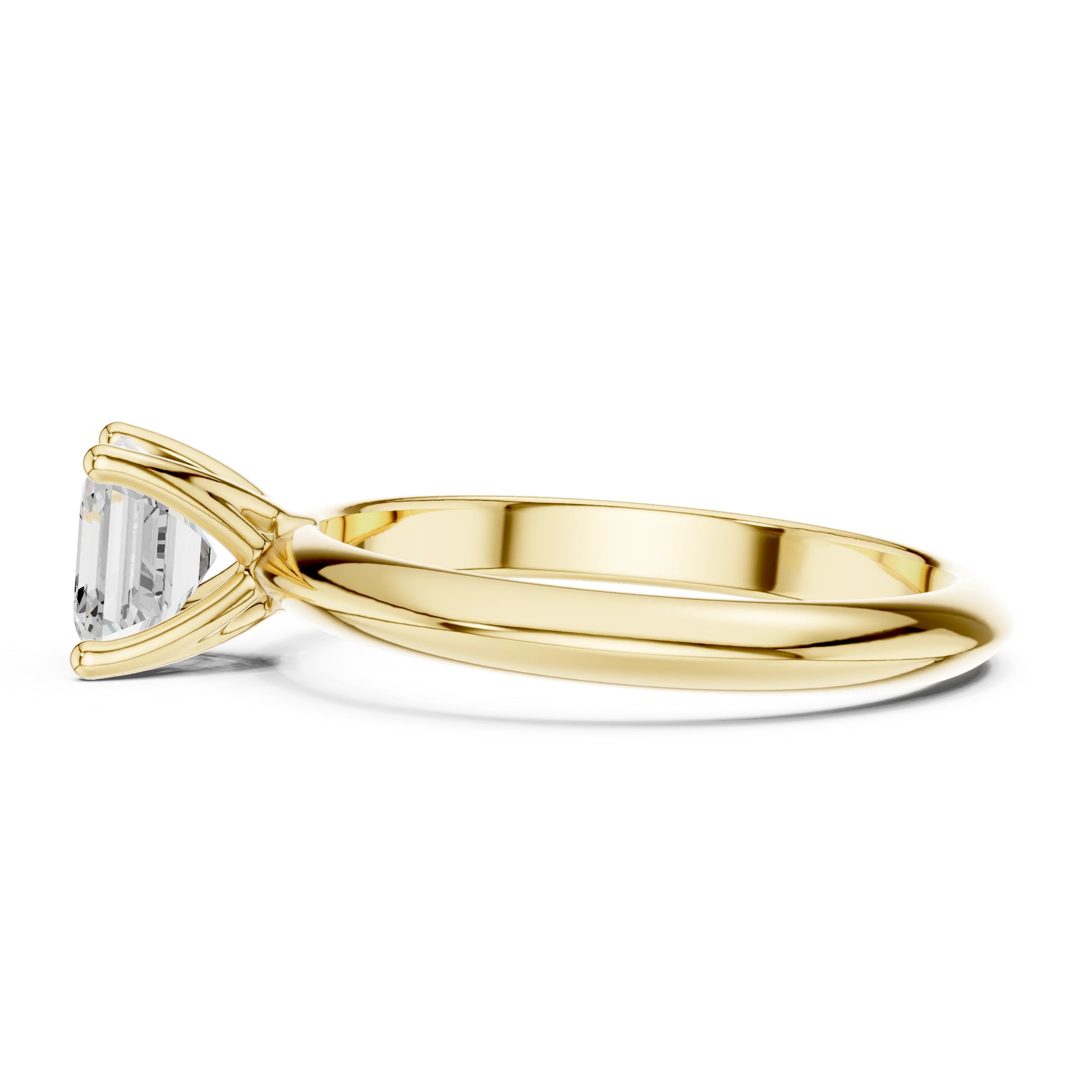 Side profile of yellow gold Asscher cut diamond solitaire ring, highlighting stone height