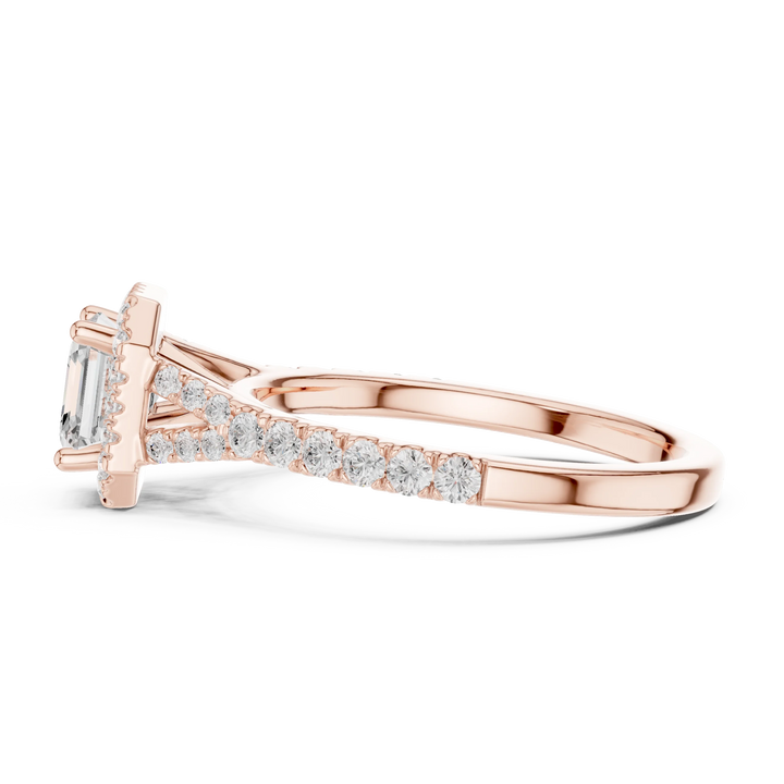 Side profile of rose gold Asscher halo ring with pavé split shank band and elevated halo setting
