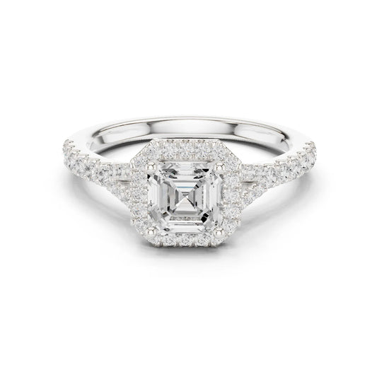Lab-grown Asscher halo diamond ring in white gold with pavé split shank band