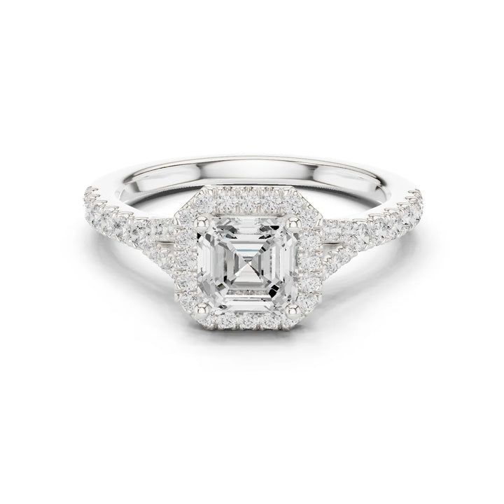 Lab-grown Asscher halo diamond ring in white gold with pavé split shank band