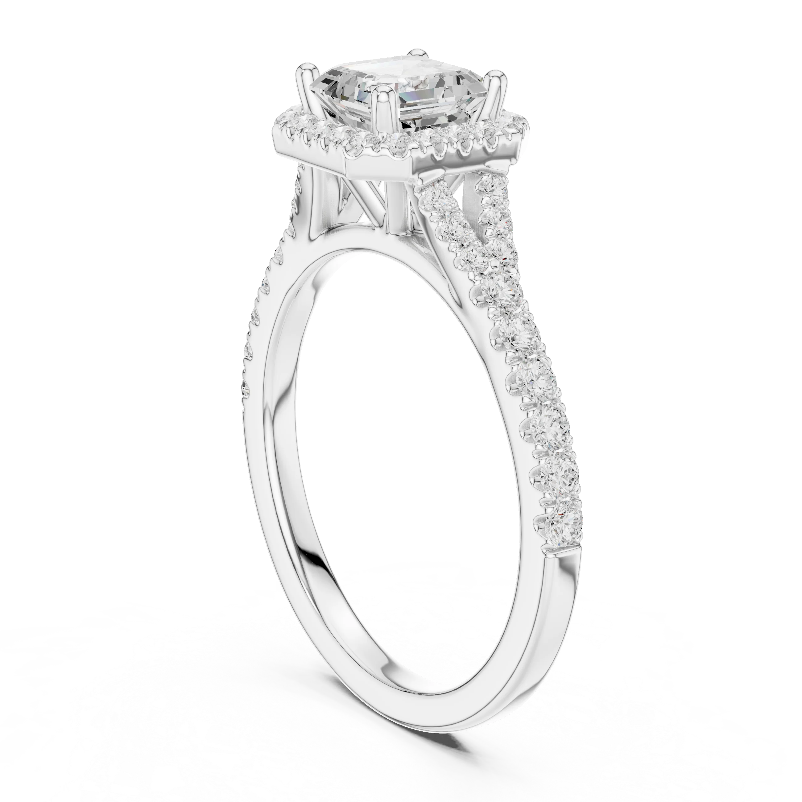 Back side view of white gold Asscher halo ring showing pavé split shank band and setting details