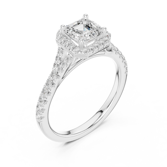 Front view of white gold Asscher halo ring with pavé split shank band and center diamond