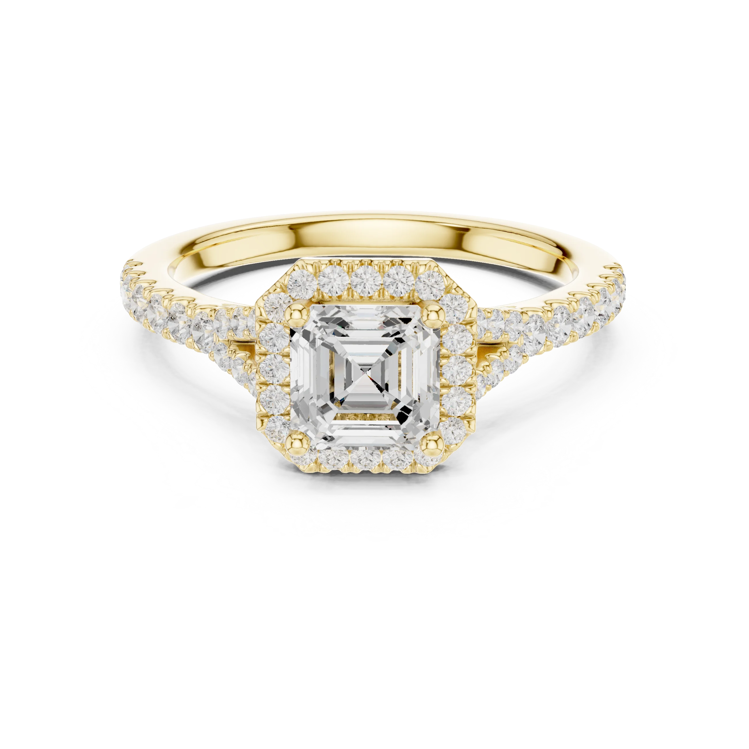 Lab-grown Asscher halo diamond ring in yellow gold with pavé split shank band