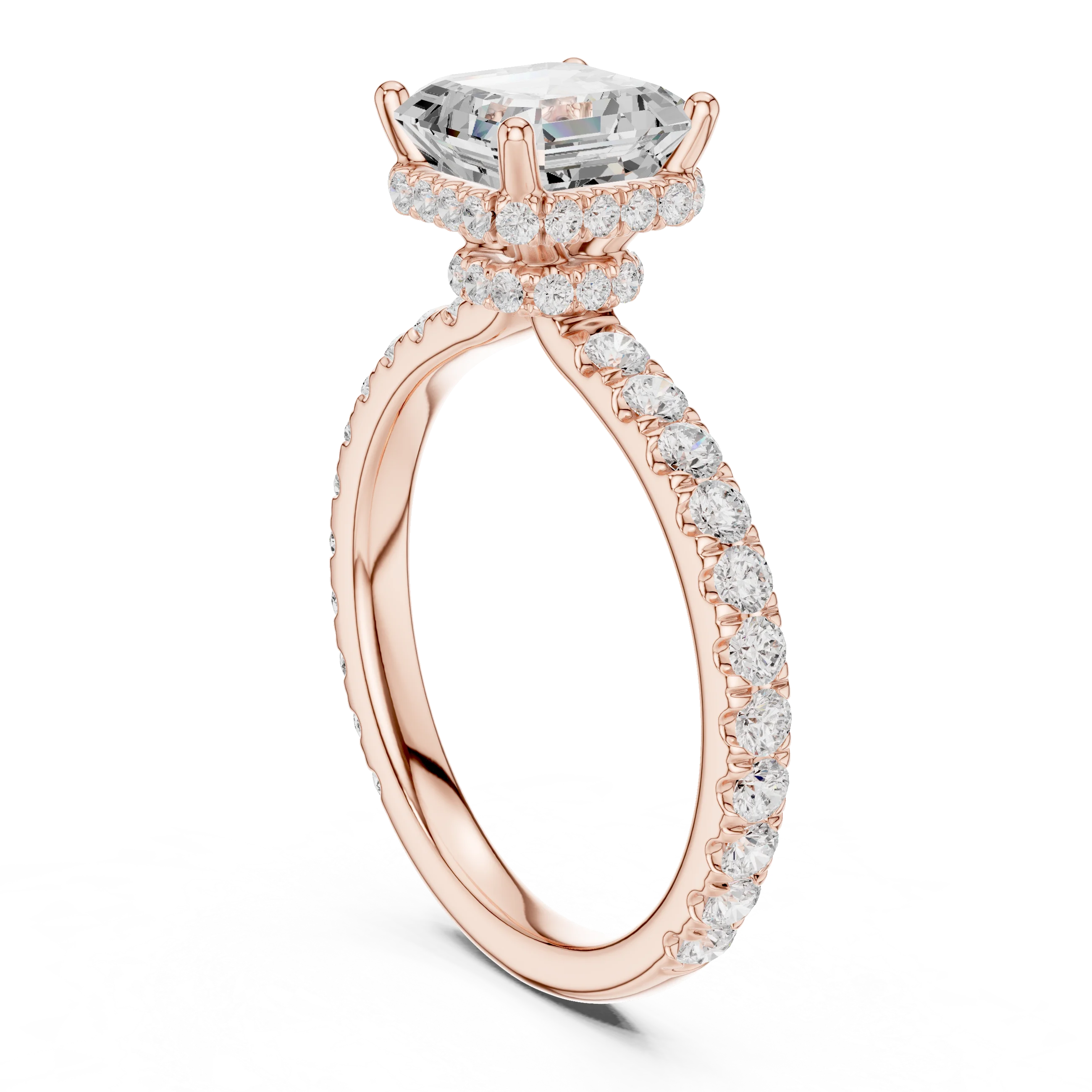 Back view of rose gold Asscher hidden halo ring with pave diamond band and lab-grown diamond – Australia