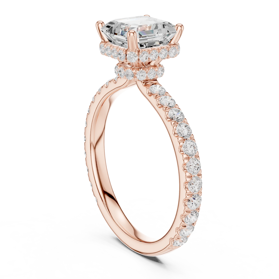 Back view of rose gold Asscher hidden halo ring with pave diamond band and lab-grown diamond – Australia