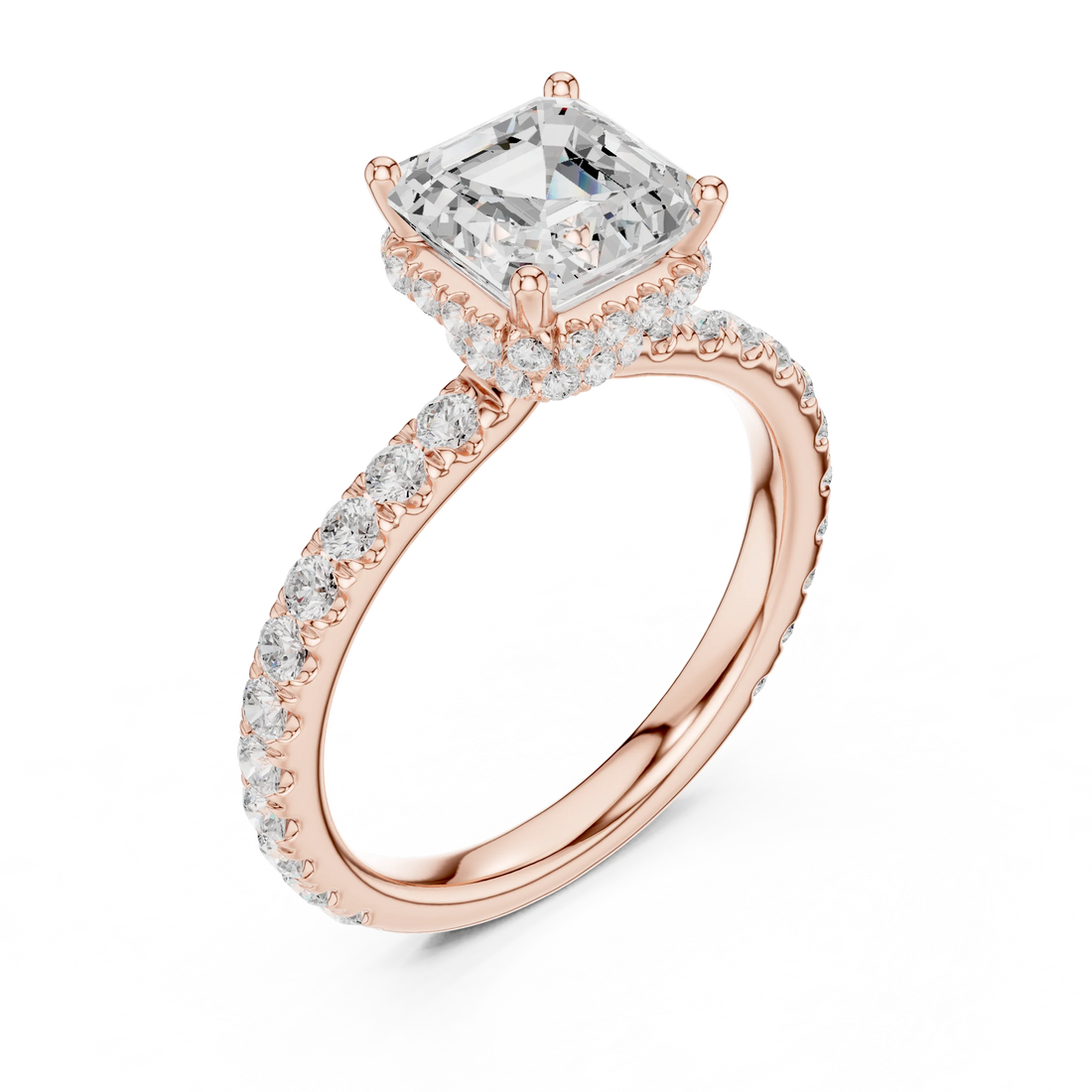 Front view of rose gold Asscher hidden halo ring with pave diamond band and lab-grown diamond – Australia