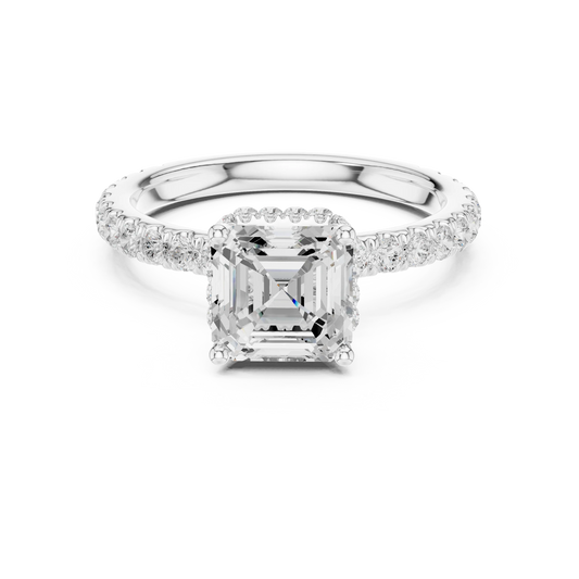 Asscher hidden halo ring in white gold with pave diamond band and lab-grown diamond – Australia