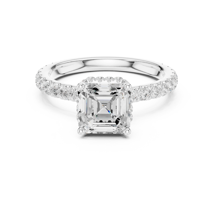 Asscher hidden halo ring in white gold with pave diamond band and lab-grown diamond – Australia