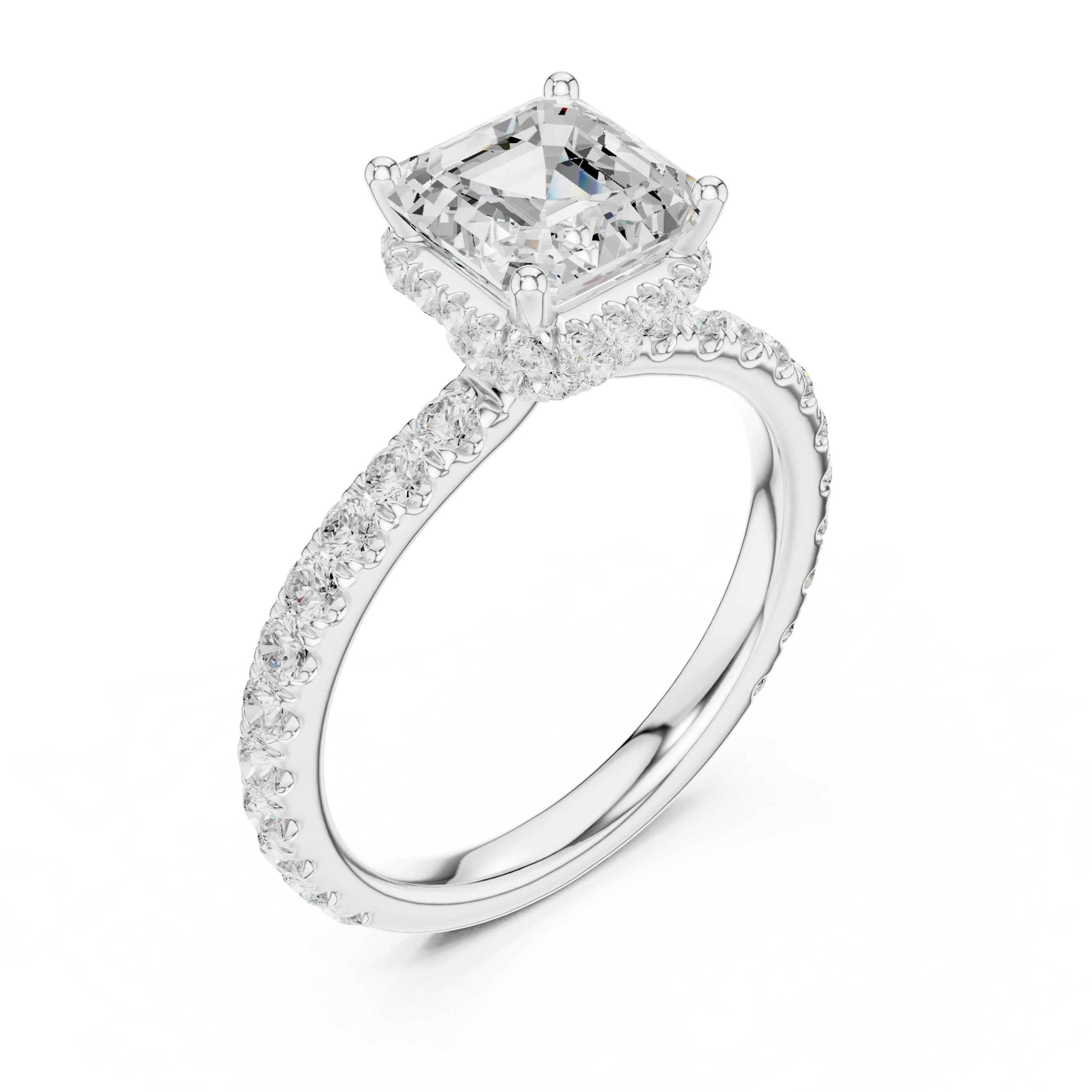Back view of white gold Asscher hidden halo ring with pave diamond band and lab-grown diamond – Australia