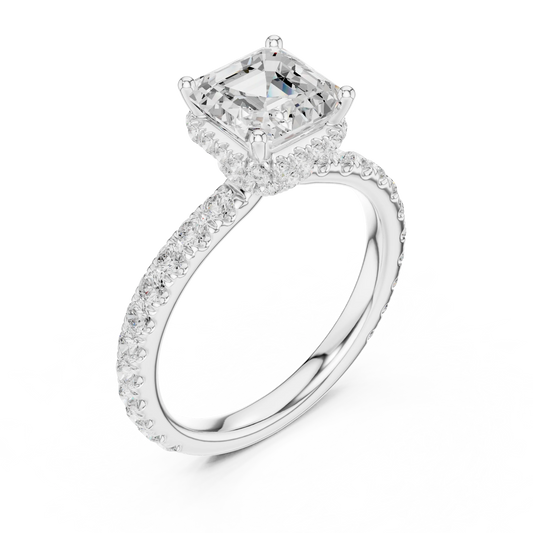 Back view of white gold Asscher hidden halo ring with pave diamond band and lab-grown diamond – Australia