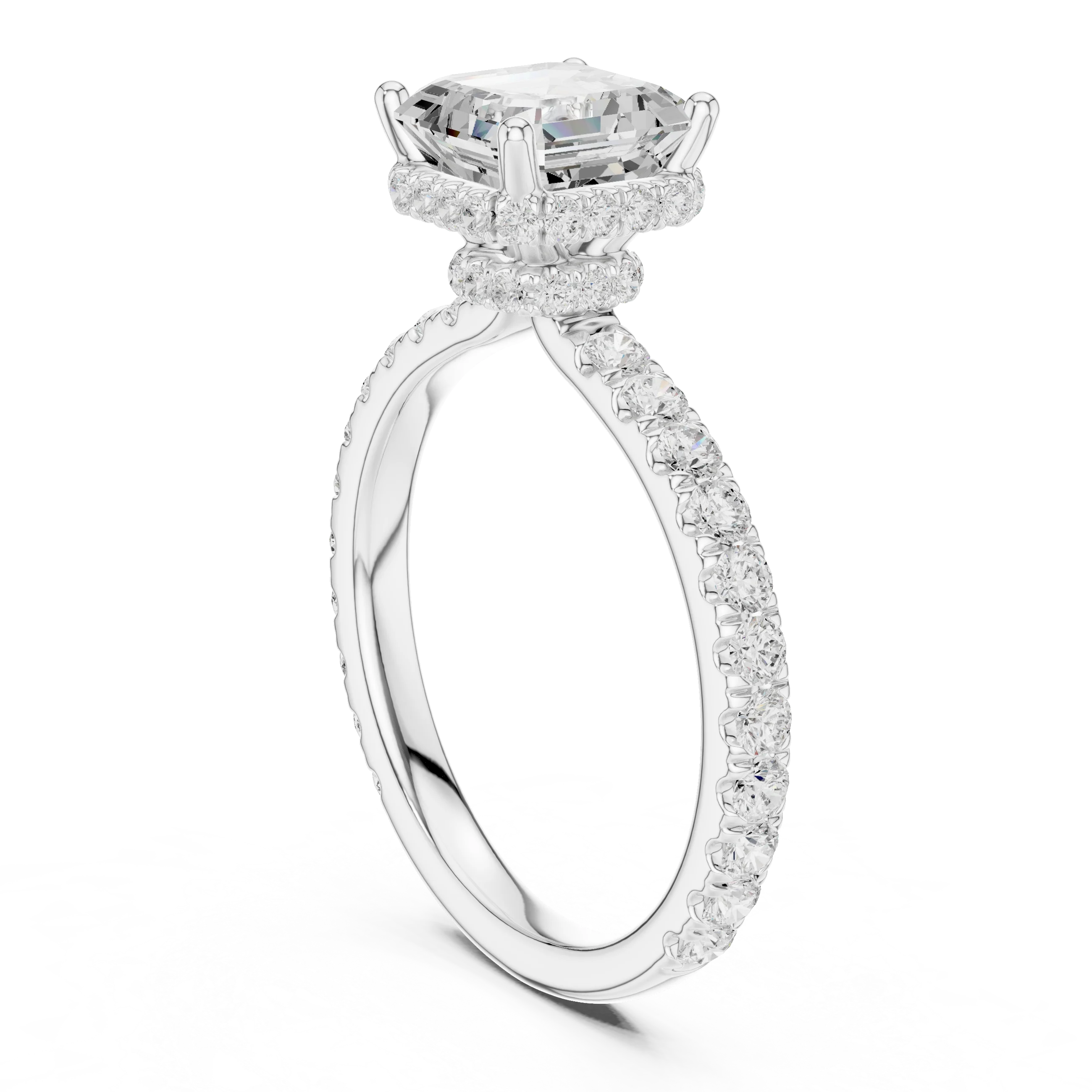 Back view of white gold Asscher hidden halo ring with pave diamond band and lab-grown diamond – Australia