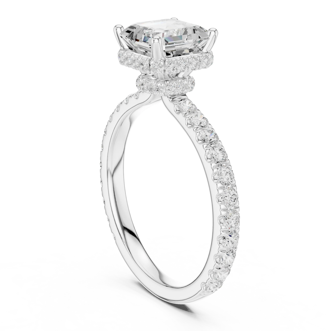 Back view of white gold Asscher hidden halo ring with pave diamond band and lab-grown diamond – Australia