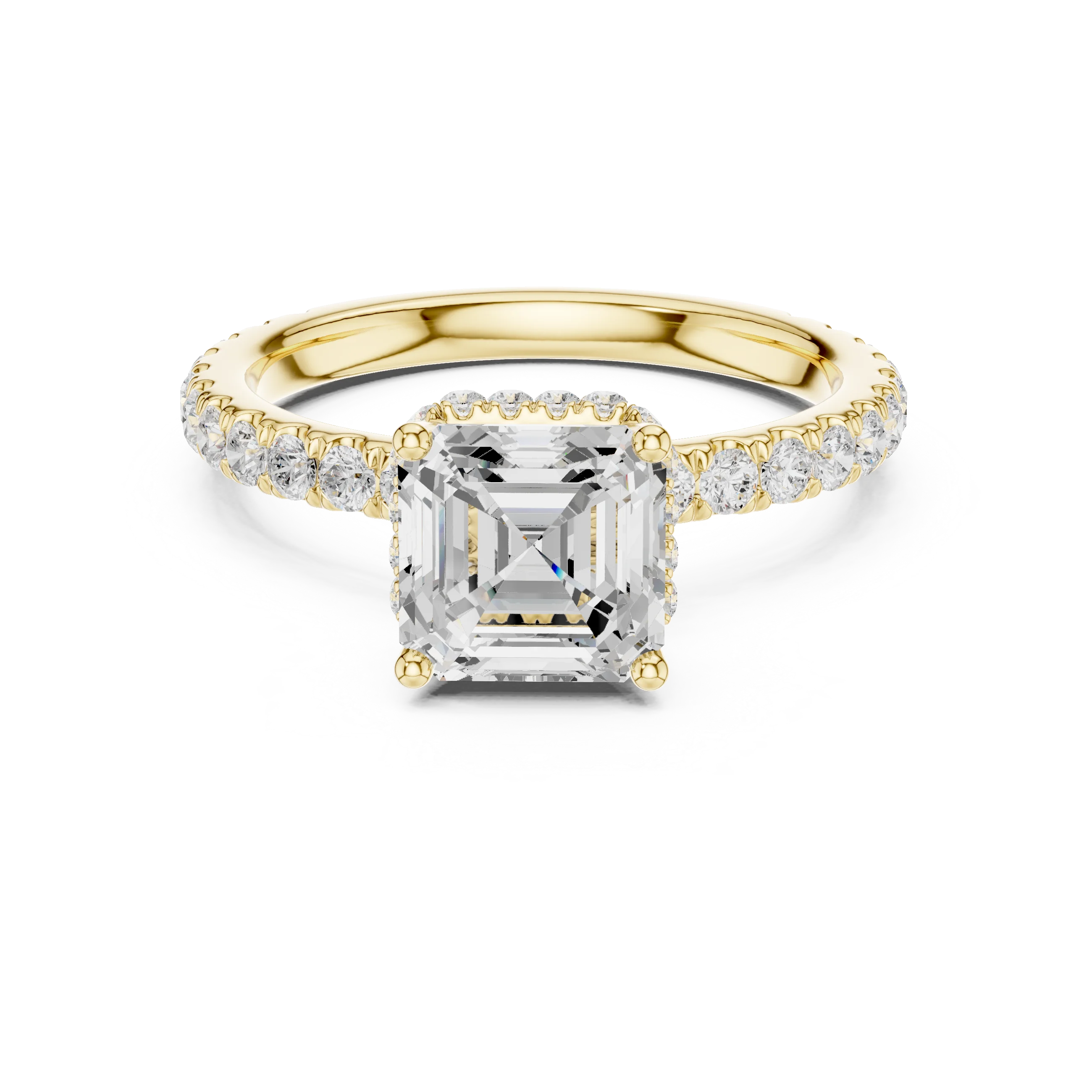 Back view of yellow gold Asscher hidden halo ring with pave diamond band and lab-grown diamond – Australia