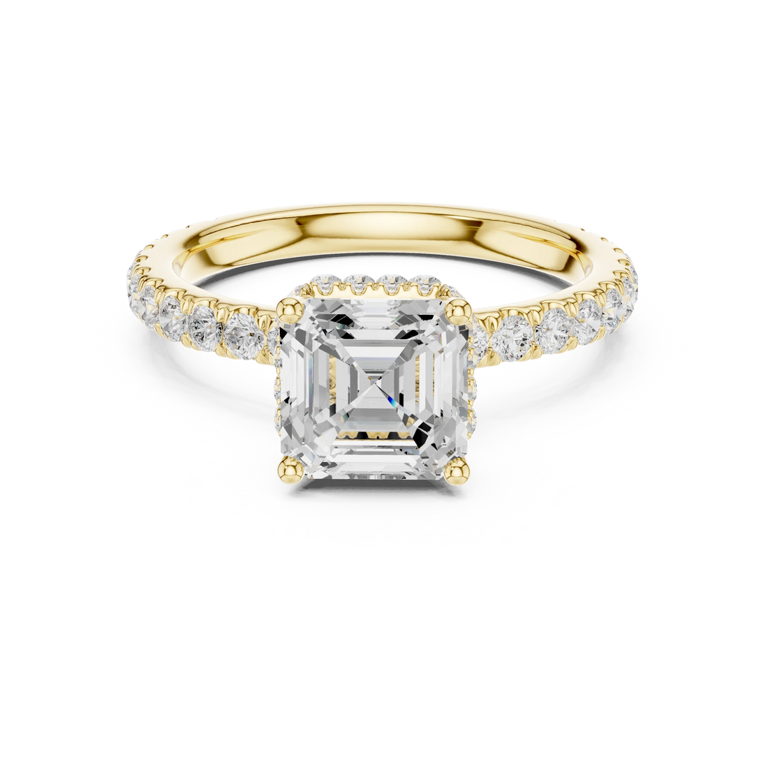 Back view of yellow gold Asscher hidden halo ring with pave diamond band and lab-grown diamond – Australia