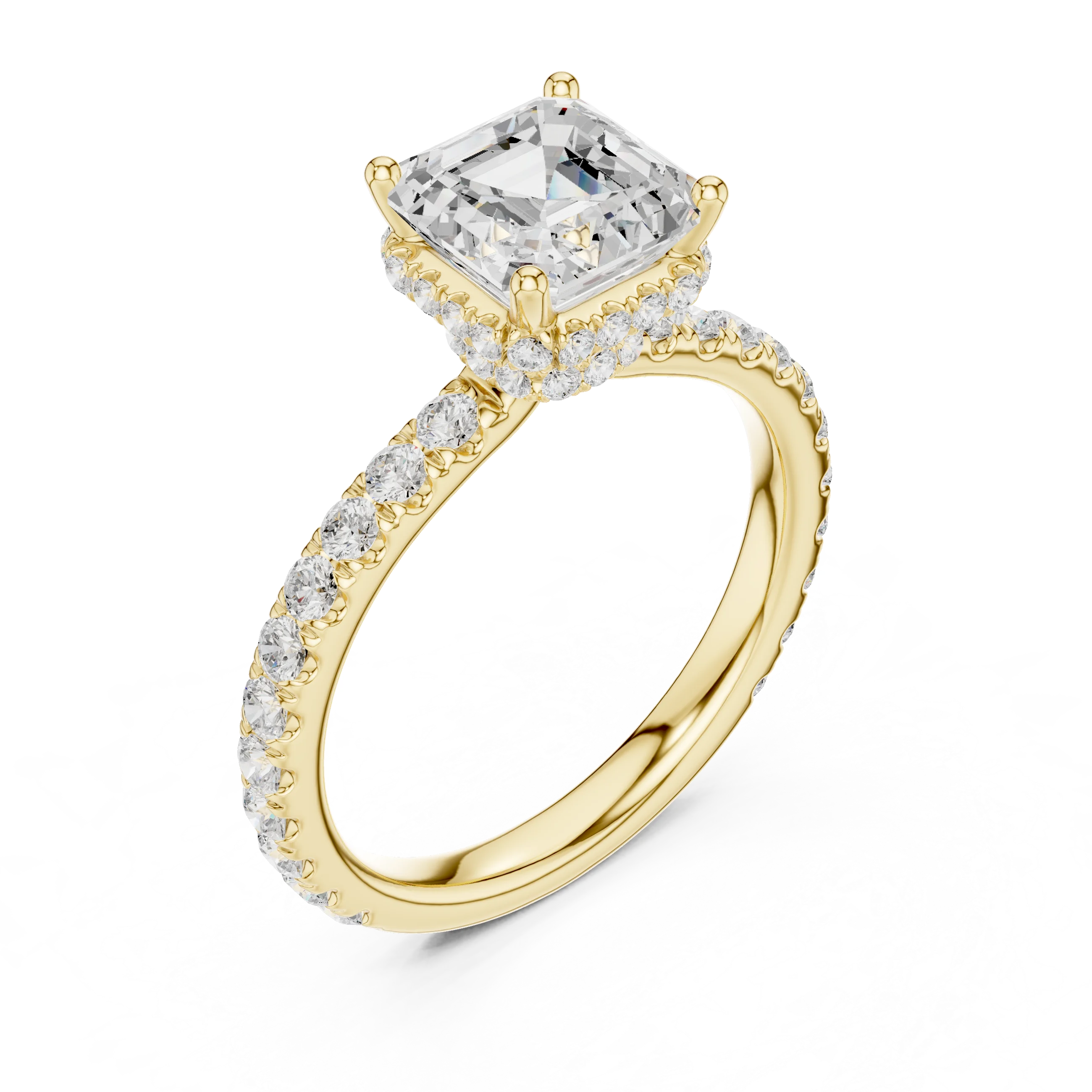Front view of yellow gold Asscher hidden halo ring with pave diamond band and lab-grown diamond – Australia