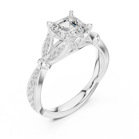 Front view of white gold Asscher solitaire ring with floral milgrain pave band and lab-grown diamond – Australia