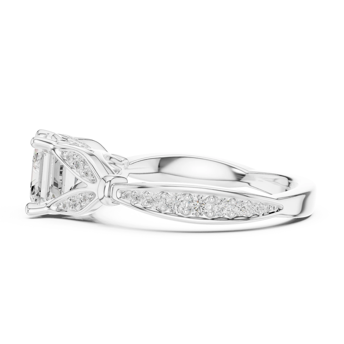 Side view of white gold Asscher solitaire ring with floral milgrain pave band and lab-grown diamond – Australia