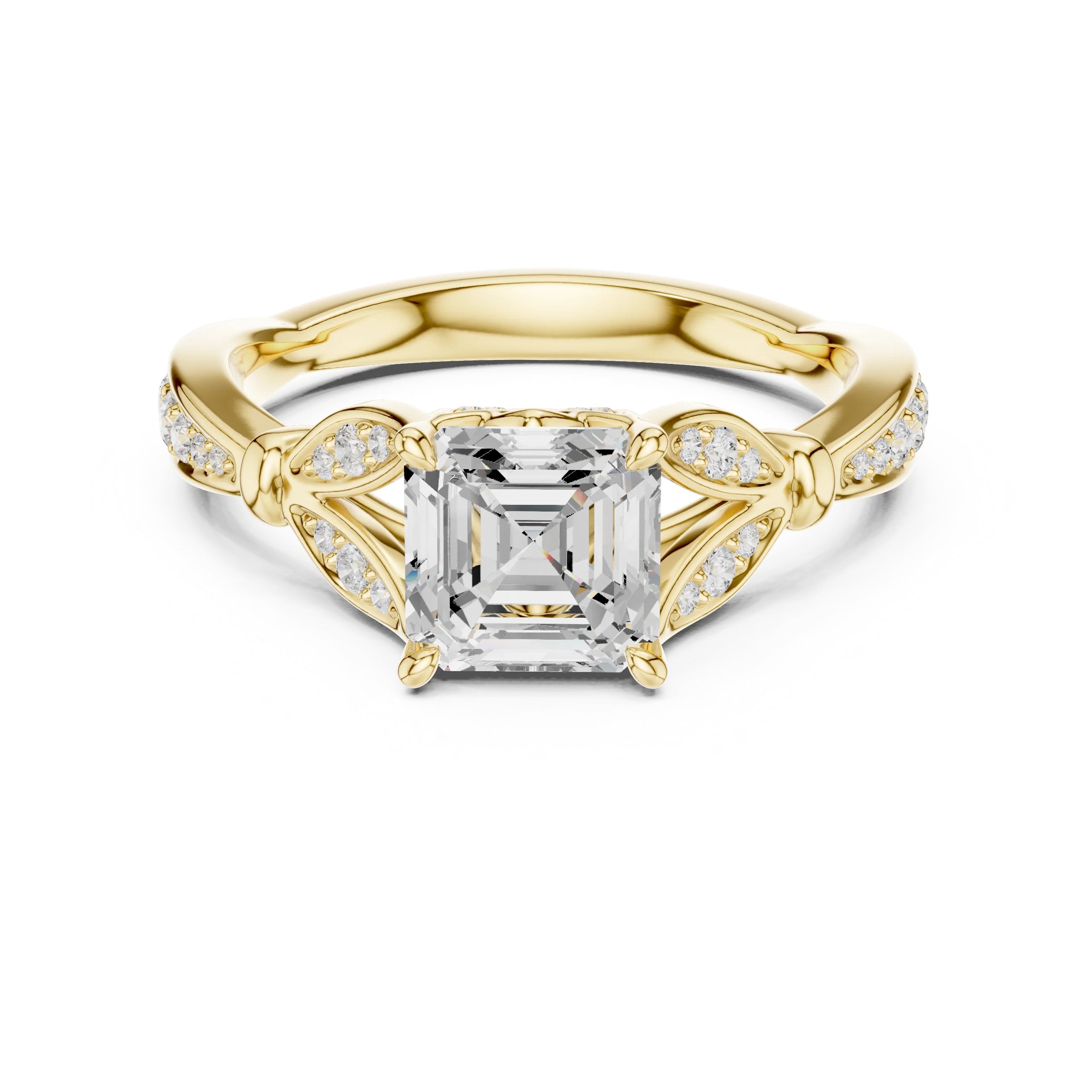 Asscher solitaire ring in yellow gold with floral milgrain pave band and lab-grown diamond – Australia