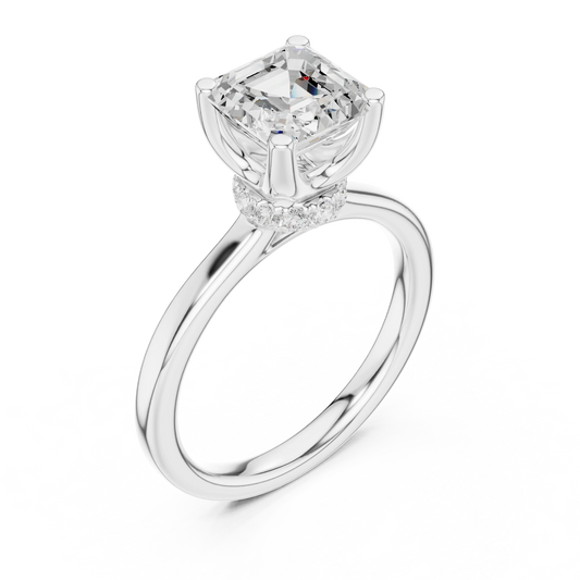 Front view of white gold Asscher cut solitaire ring with hidden halo and domed band and lab-created diamond