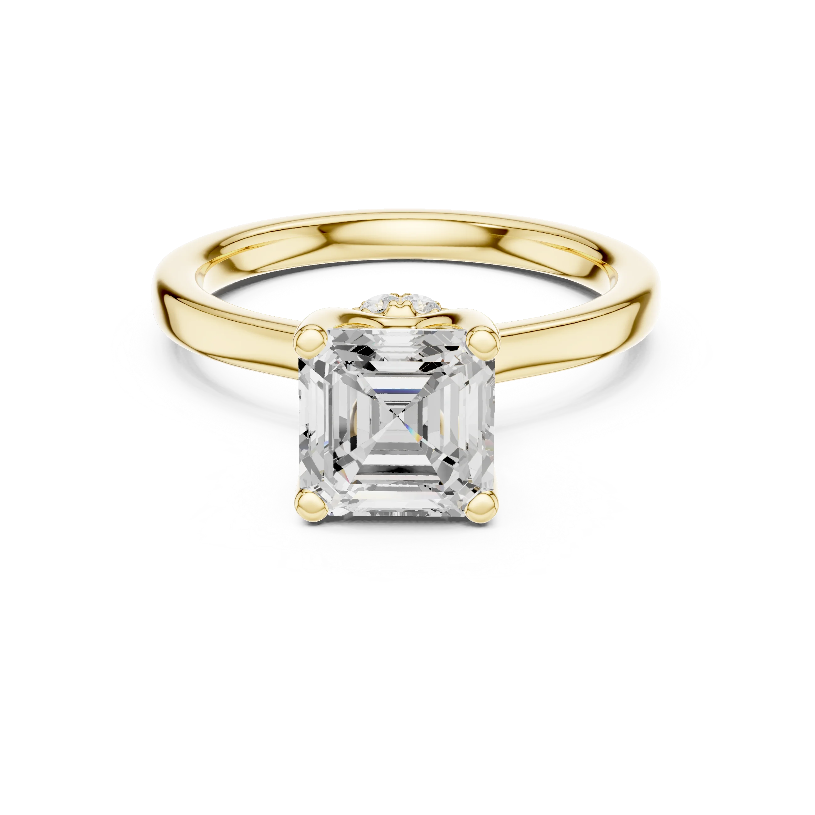 Yellow gold Asscher cut solitaire ring with hidden halo and domed band featuring lab-grown diamond, classic style