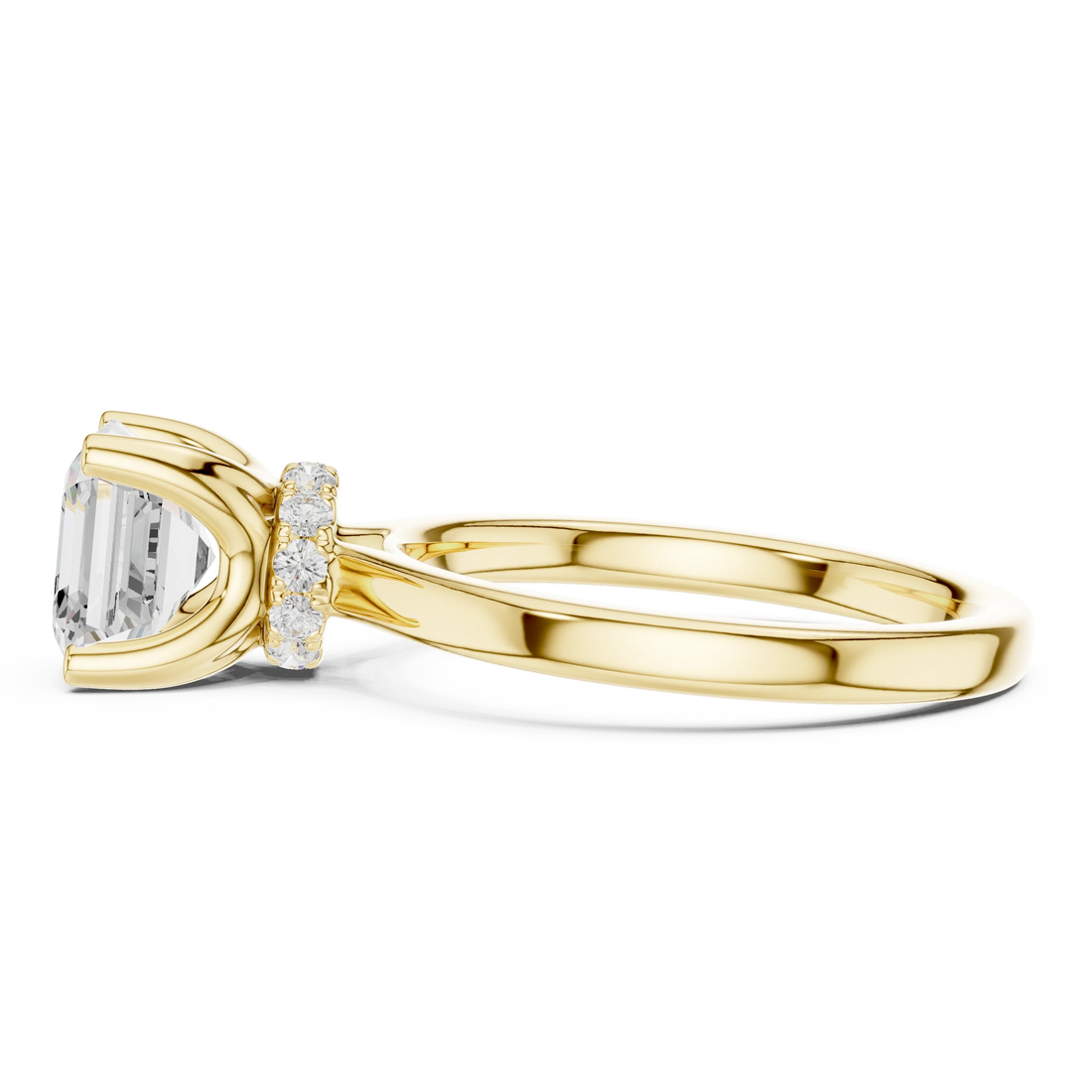 Side view of yellow gold Asscher cut solitaire ring highlighting hidden halo and domed band design