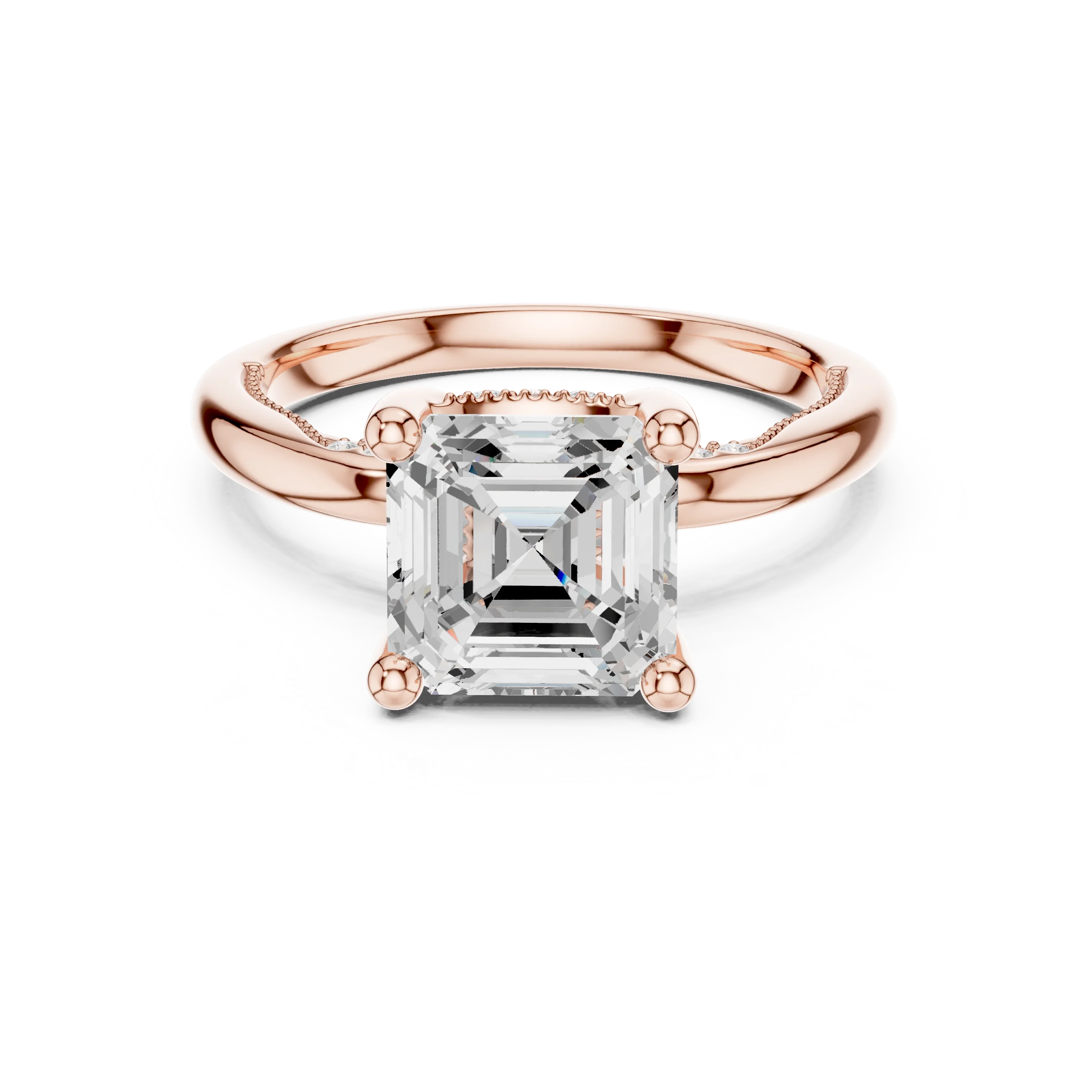 Rose gold Asscher cut solitaire ring with hidden halo and domed band featuring lab-grown diamond, modern vintage look