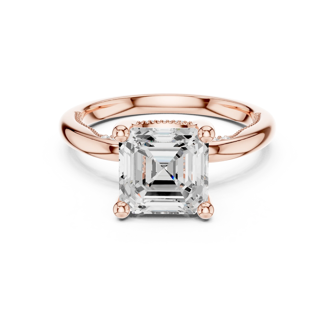 Rose gold Asscher cut solitaire ring with hidden halo and domed band featuring lab-grown diamond, modern vintage look