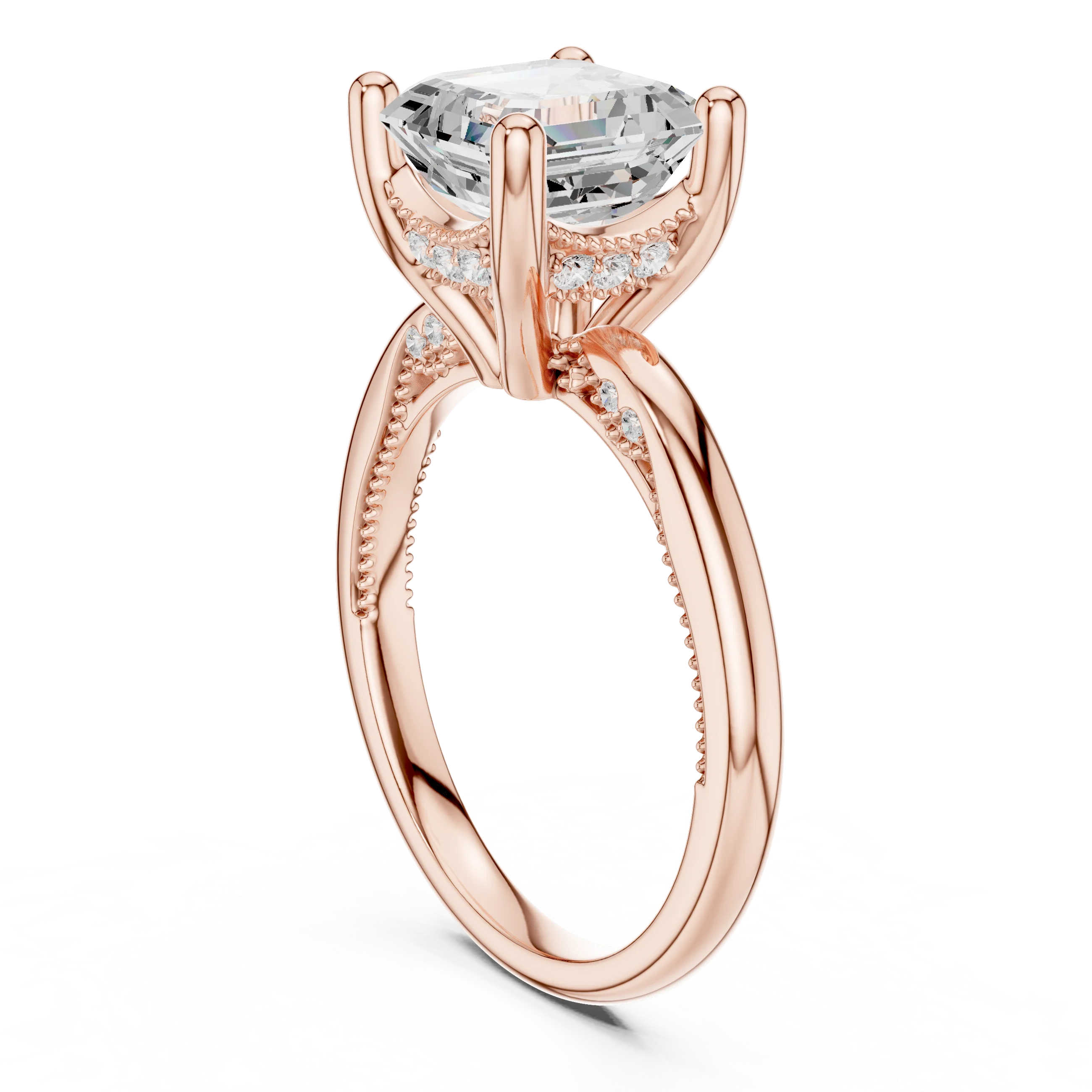Back side view of rose gold Asscher cut solitaire ring showing hidden halo and domed band structure