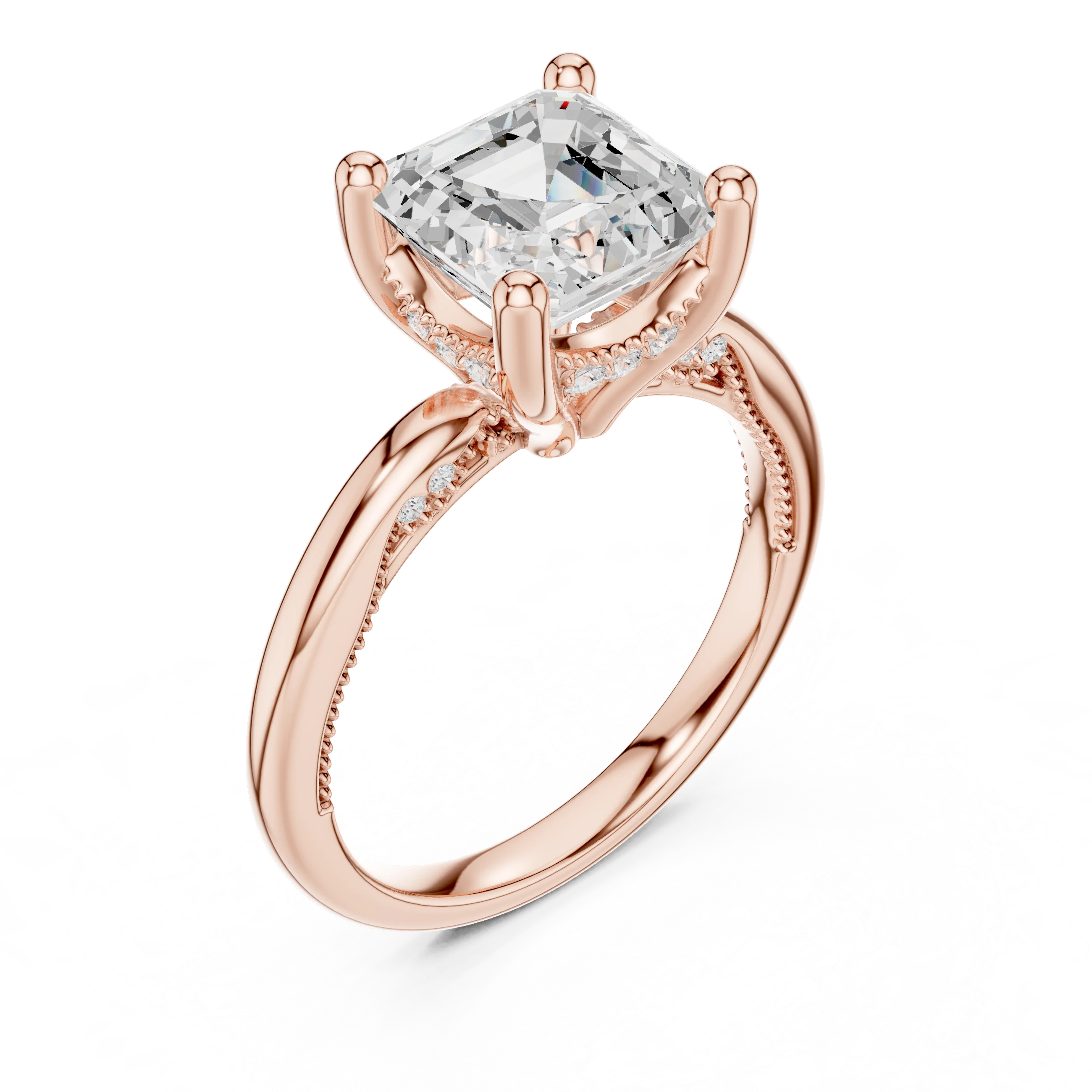 Front view of rose gold Asscher cut solitaire ring with hidden halo and domed band and lab-created diamond