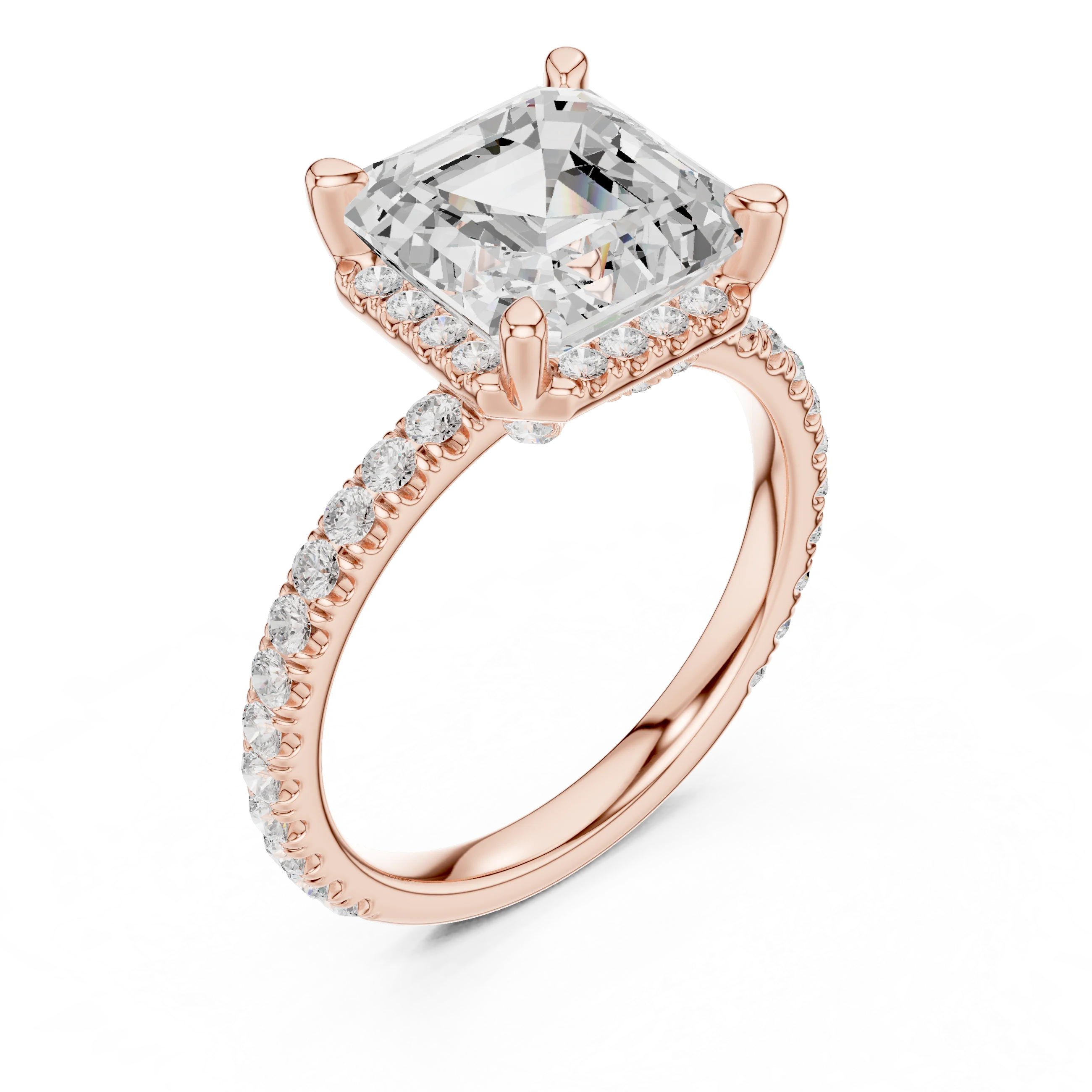 Front view of rose gold Asscher cut solitaire ring with hidden halo and domed band showcasing lab-created diamond