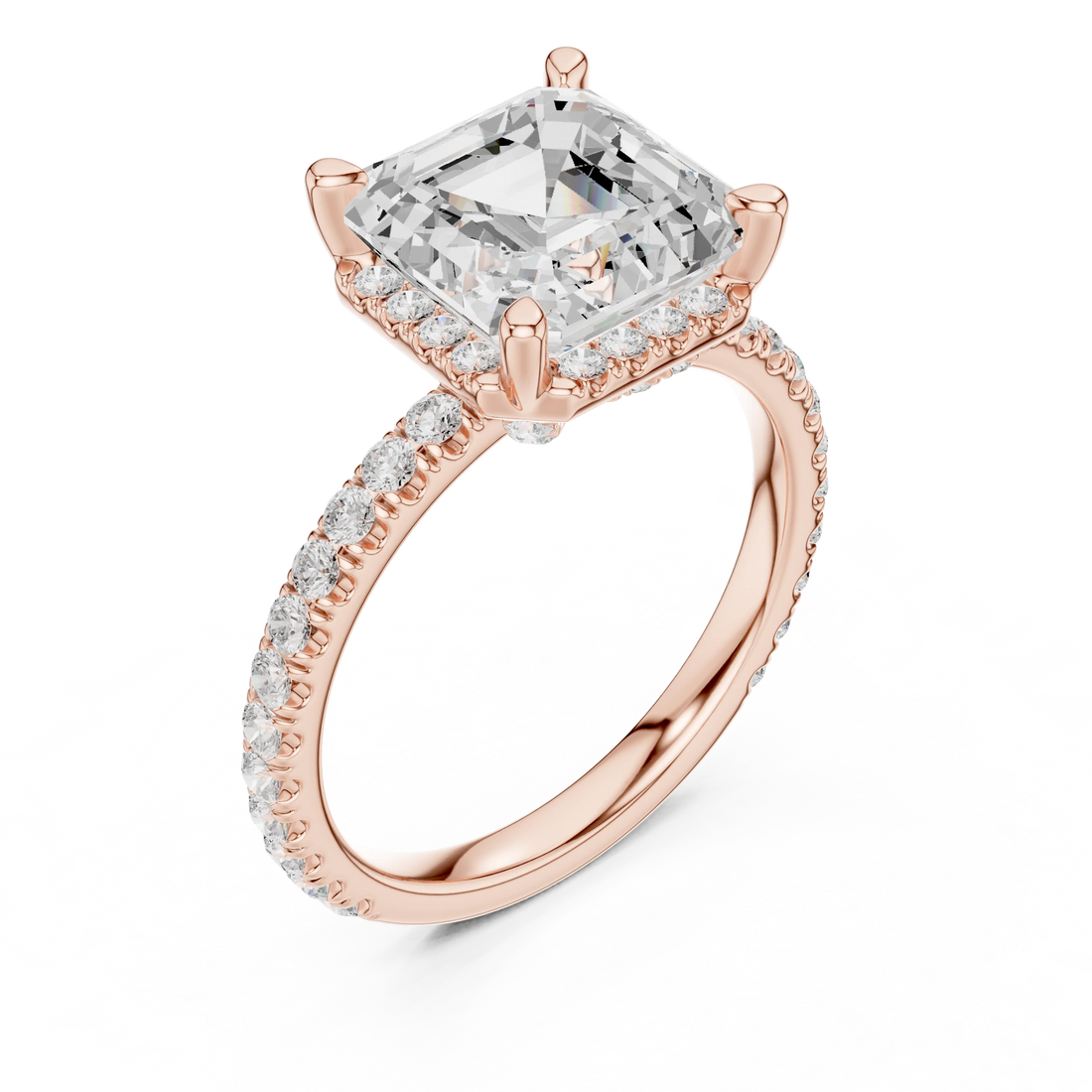 Front view of rose gold Asscher cut solitaire ring with hidden halo and domed band showcasing lab-created diamond