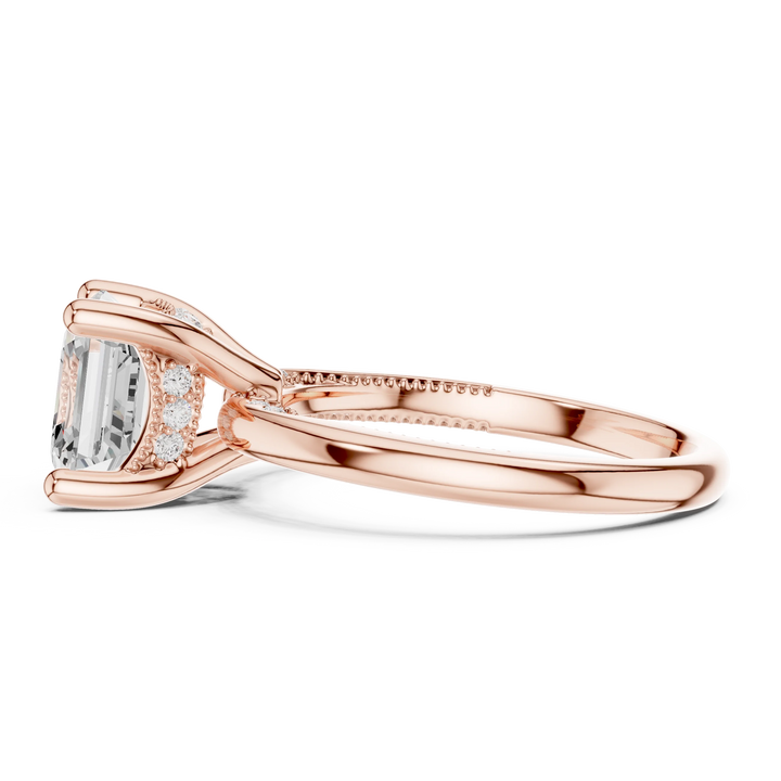 Side view of rose gold Asscher cut solitaire ring highlighting hidden halo and domed band design