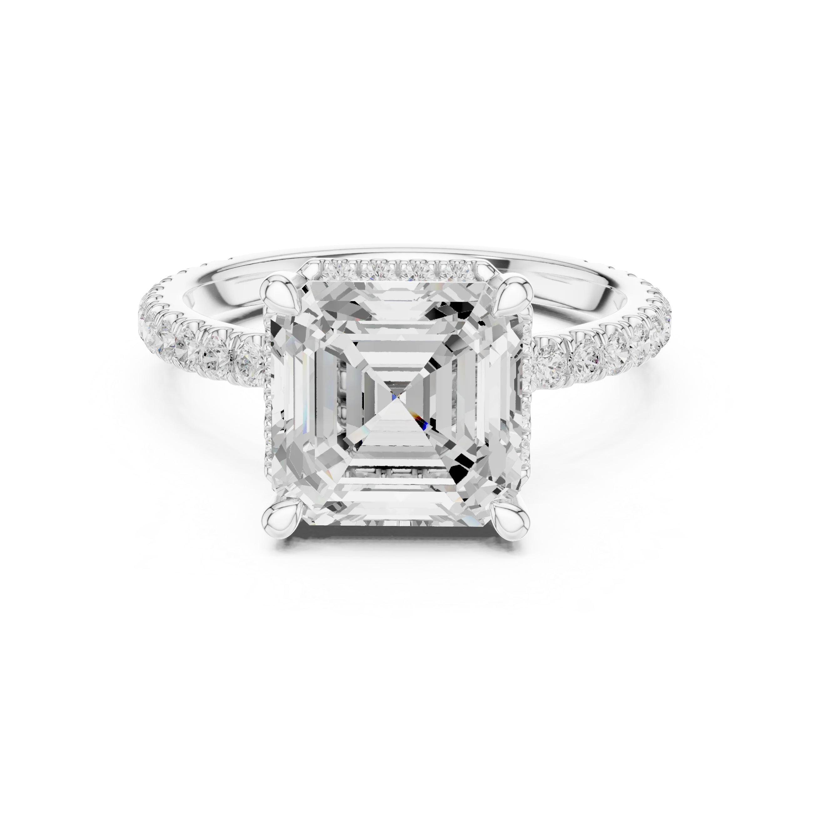 White gold Asscher cut solitaire ring with hidden halo and domed band featuring lab-grown diamond, vintage-inspired elegance