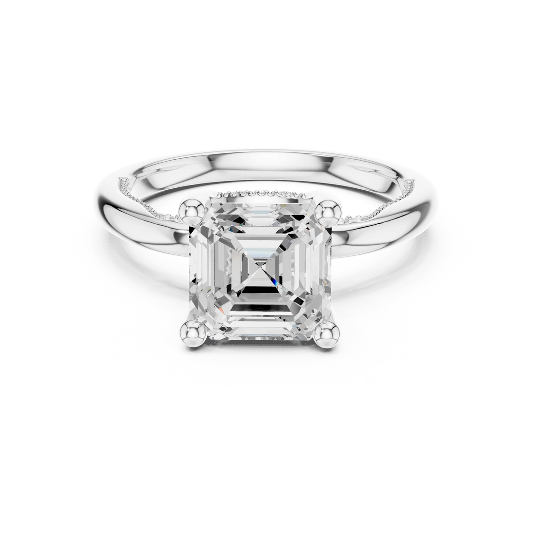 White gold Asscher cut solitaire ring with hidden halo and domed band featuring lab-grown diamond, vintage-inspired design